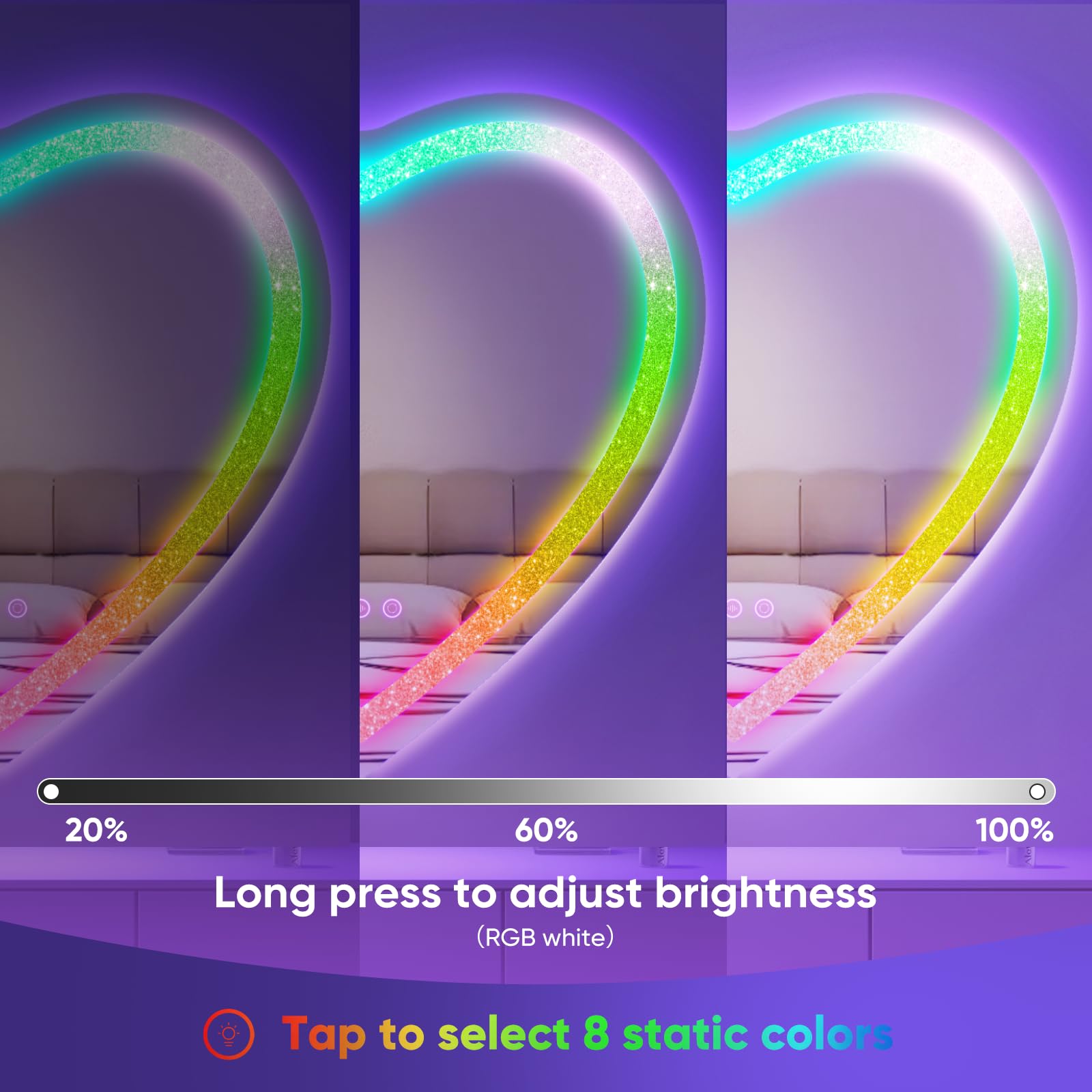 Besmirror 24''X24'' Heart Shaped Mirror Crushed Diamond, Rgbwy Led Heart Vanity Mirror With Lights, 3 Lighting Modes And 7 Stati