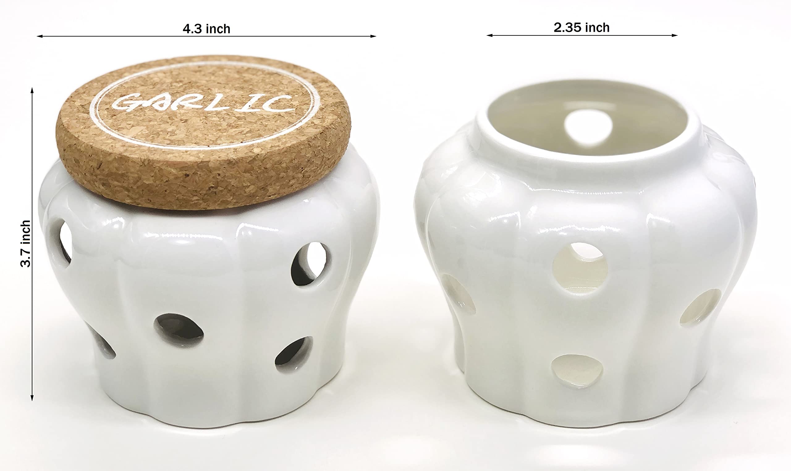 Xinli Rustic Garlic Keeper Vented Ceramic Storage Container. White Stoneware With Nature Cork Lid. 4.3 X 4.3 X 3.7 Inches