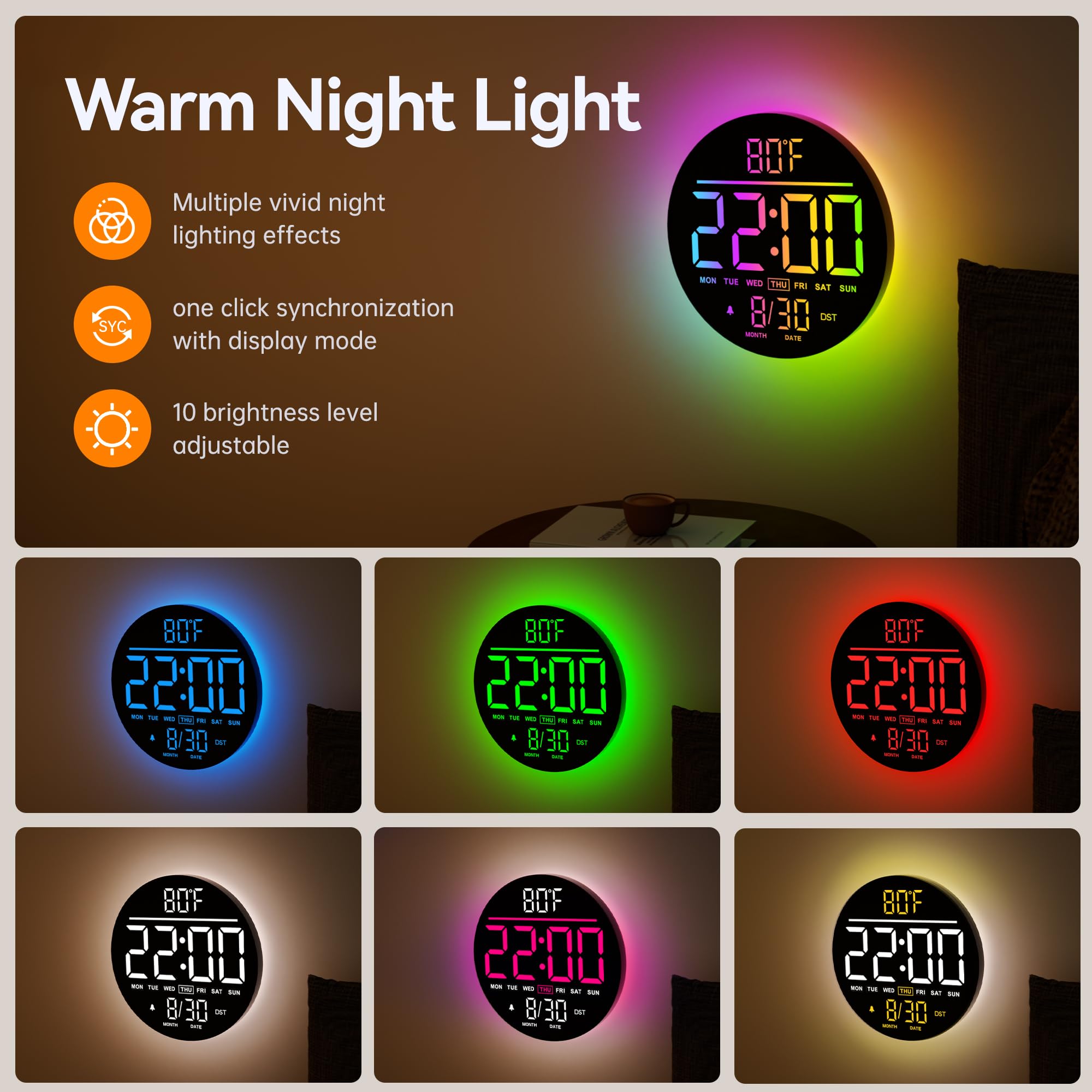JALL 10 Large Digital Wall Clock with Seconds, Alarm Countdown Timer, Big LED Display, RGB Color, DST, Temperature, Mounted for