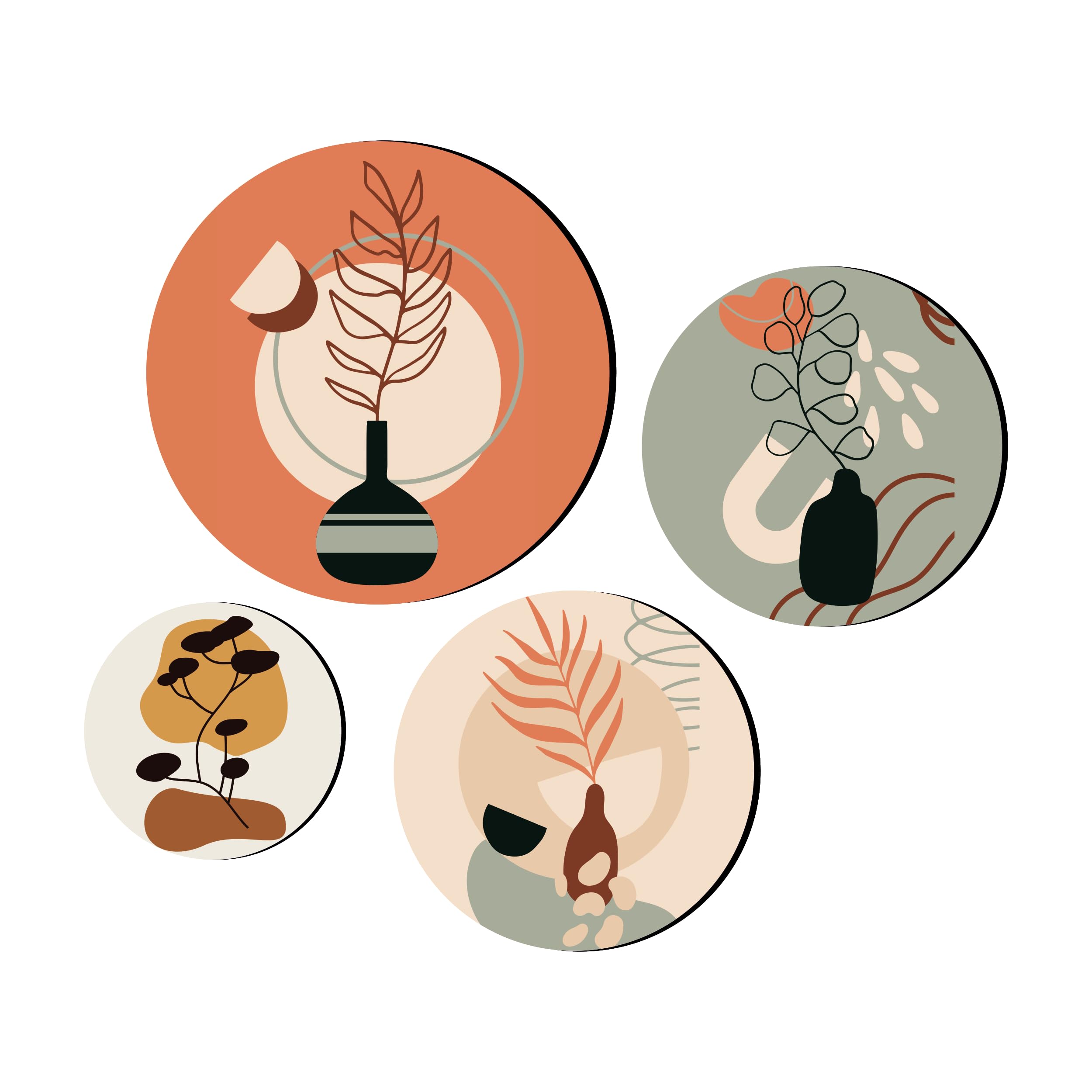 Giftplease Round Shape Elegant Wall Decoration Art - Handcrafted Traditional Wooden Decor Piece (Set Of 4 | Pattern-14)