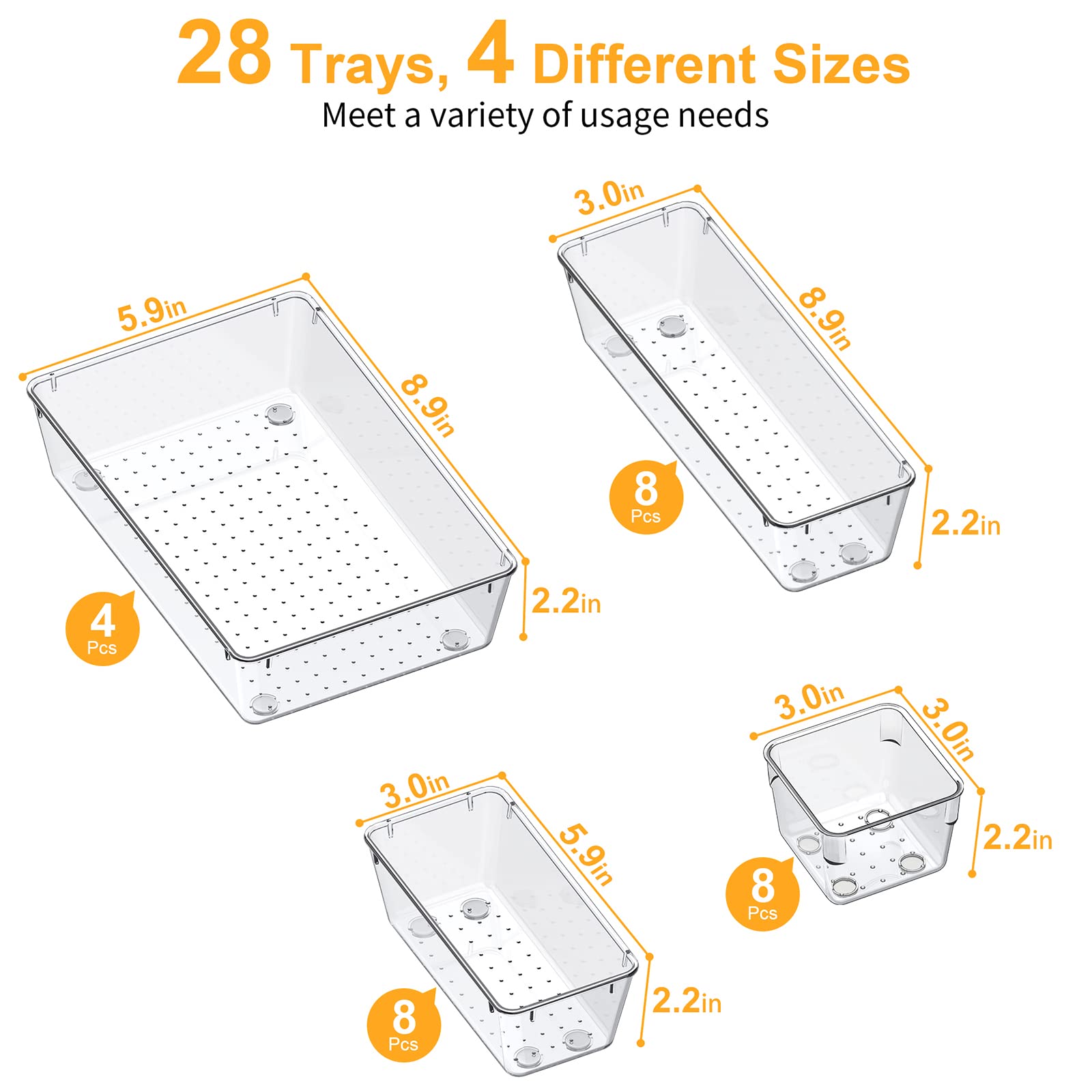 SMARTAKE 28 Piece Drawer Organizers with Non-Slip Silicone Pads, 4-Size Desk Drawer Organizer Trays Storage Tray for Makeup, Jew