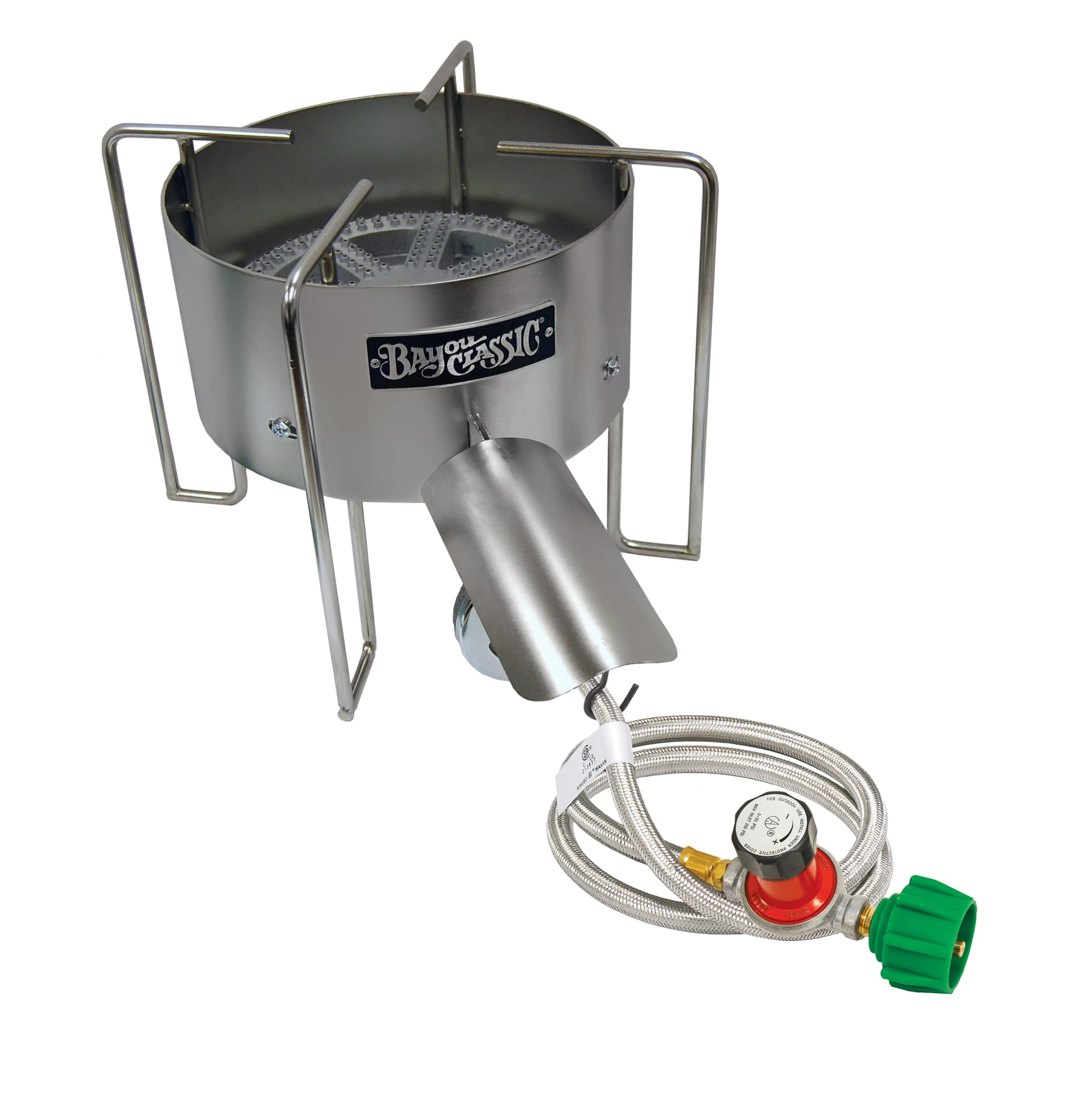 Bayou Classic SAB4 16-in Stainless Bayou Banjo Cooker Features 10-in Cast Iron Burner 16-in Cooking Surface 3/8-in Round Bar Wel