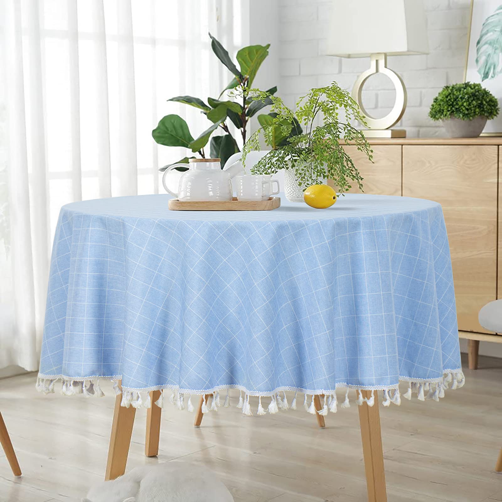 Shinybeauty Round Tablecloth Cotton Linen Tablecloth Sky Blue Lattice Tablecloth Dust-Proof Tabletop Plaid Check Tablecloth Wrin