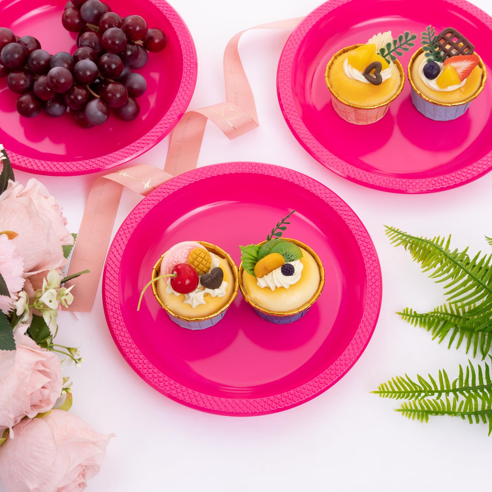 Wellife Hot Pink Party Plates 7 Inch -150 Count, Plastic Disposable Dessert Plates For Party Valentine'S Day Cake Appetizers Sal