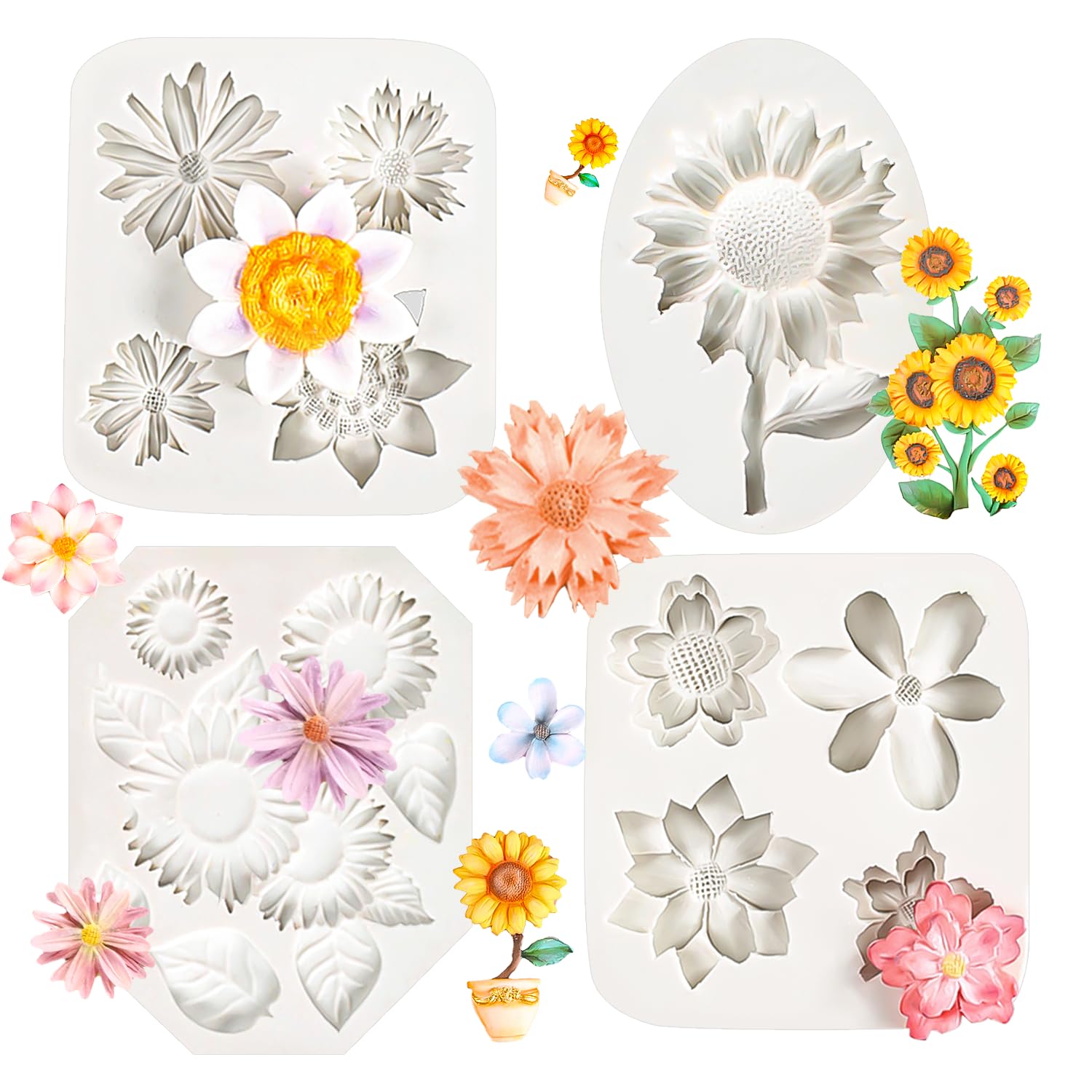 Kalaien 4Pcs Sunflower Fondant Silicone Mold For Cake Topper Decoration Chocolate Candy Sugar Diy Craft Gum Paste