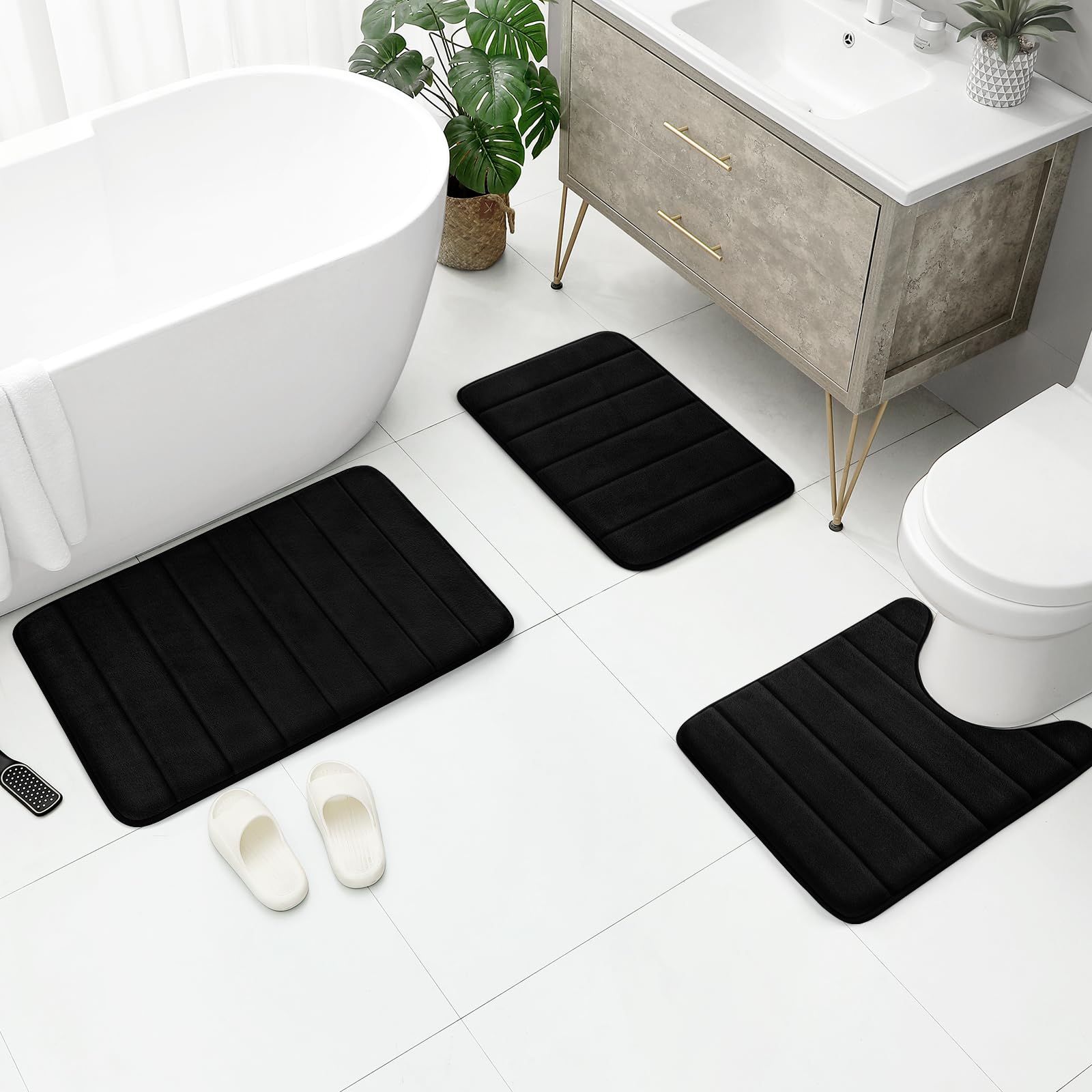 BYSURE Black Memory Foam Rug Set 3 Piece Non Slip Extra Absorbent Shaggy Soft & Dry Bath Mat Sets for Bathroom Washable Carpets Set