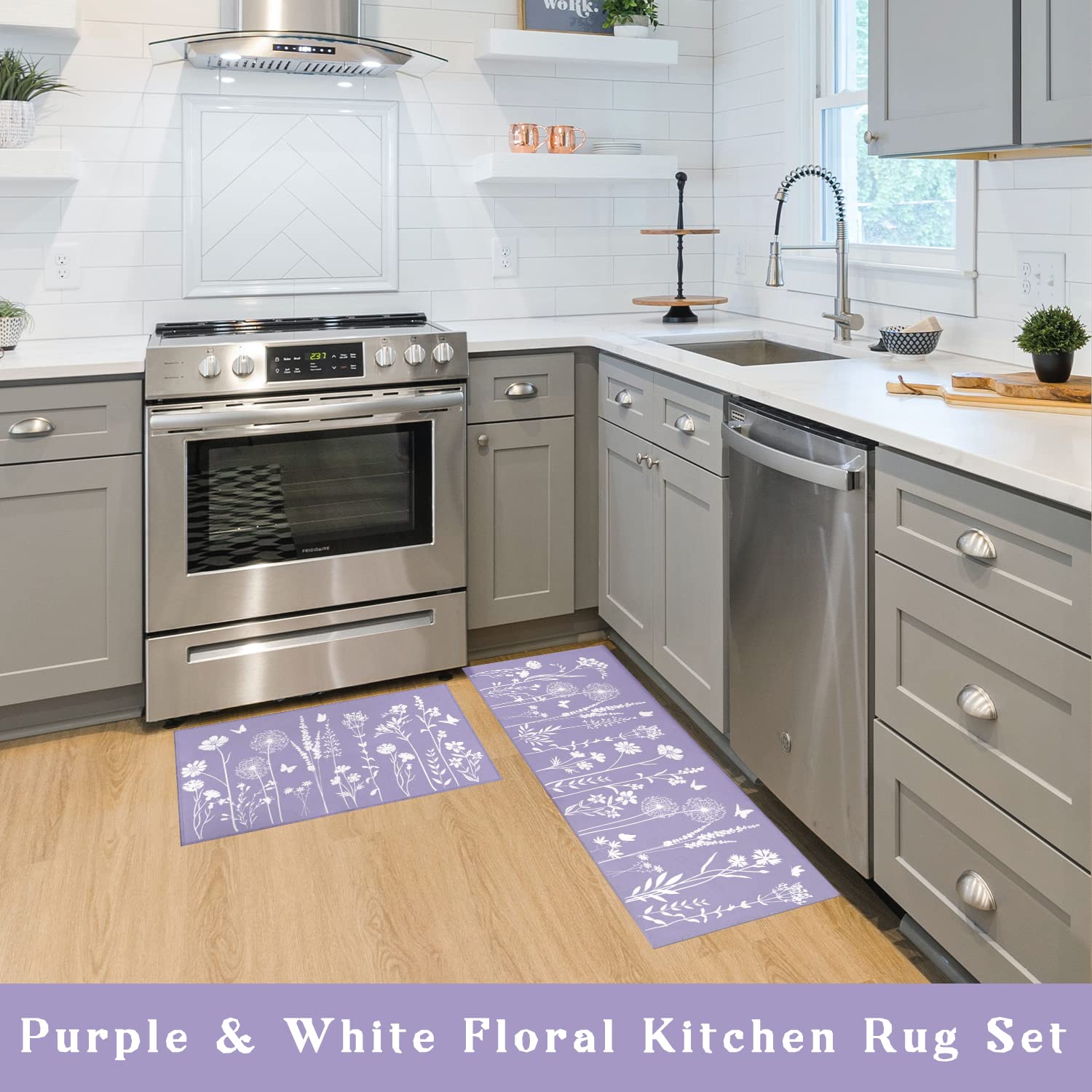 Lavender Purple Kitchen Rug Set of 2- Purple Butterfly Plant Floral Rug Floor Mats Area Rug Carpet Kitchen Decor Accessories Things- Leaves Flower Rugs for Home Kitchen Large- 17x30 and 17x47 Inch