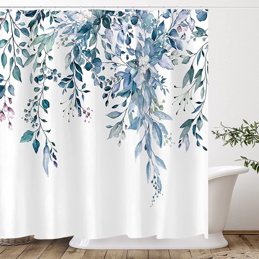 Tititex Blue Eucalyptus Leaves Shower Curtain, Watercolor Leaves On The Top Plant With Floral Bathroom Decoration Shower Curtain