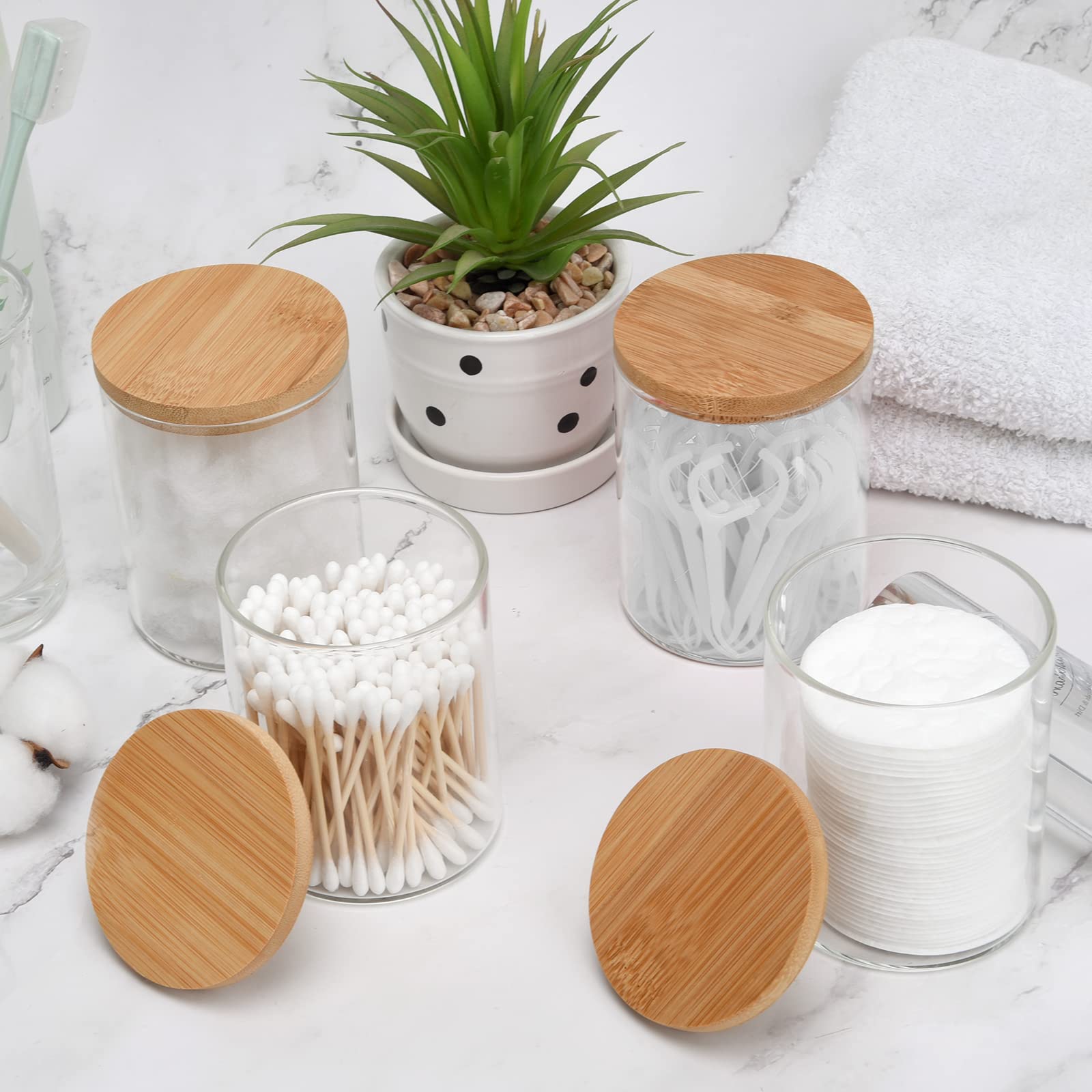 BKYFPQ 4 Pack Glass Qtip Holder Dispenser Bathroom Jars with Bamboo Lids  Cotton Ball Pad Round Swab Holder for Bathroom Accessories Storage Organizer Farmhouse Bathroom Decor  Boho Bathroom Decor.