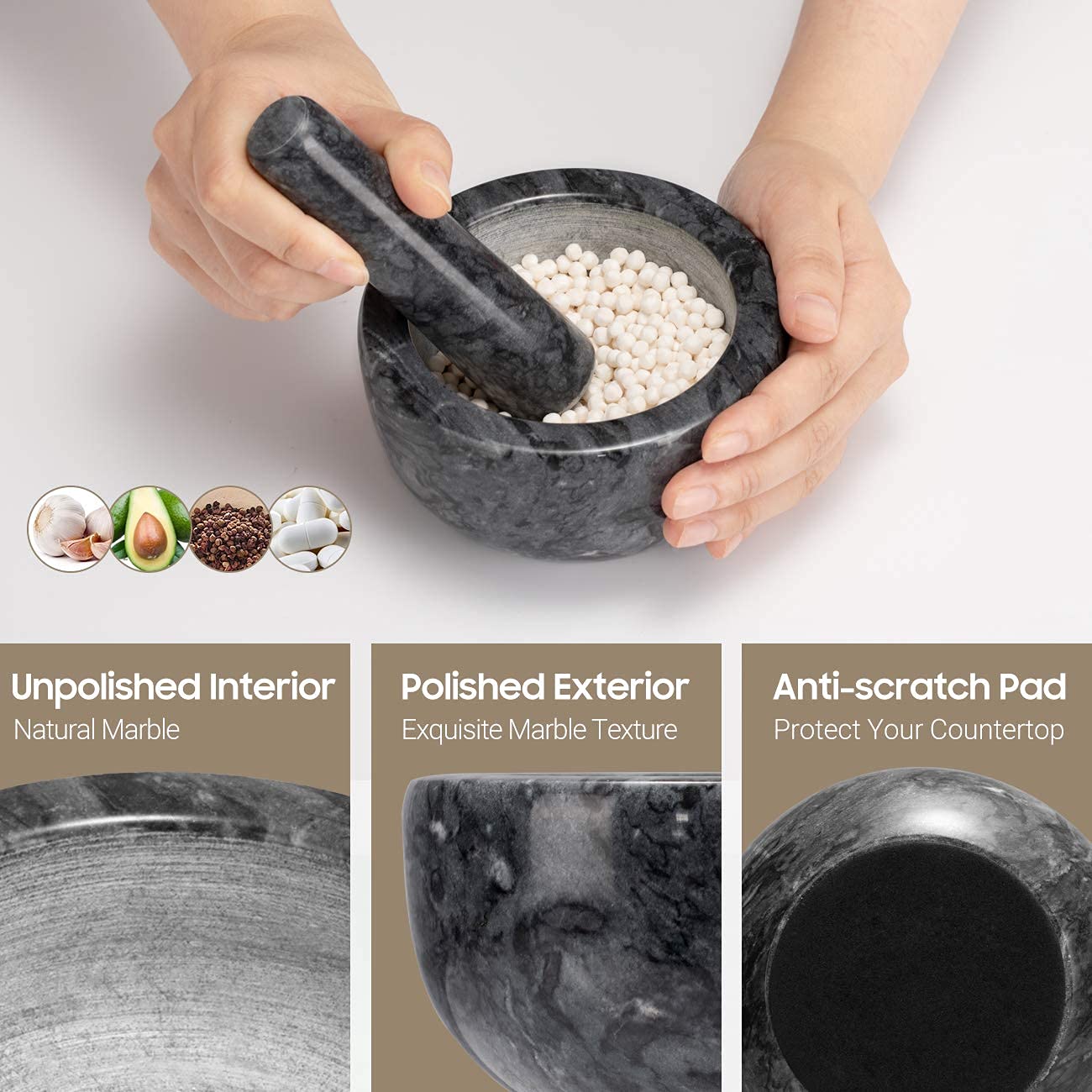 Tera Marble Mortar And Pestle Set Small Bowl Solid Stone Grinder Spice Herb Grinder Pill Crusher (Black, Diameter 4.64'')