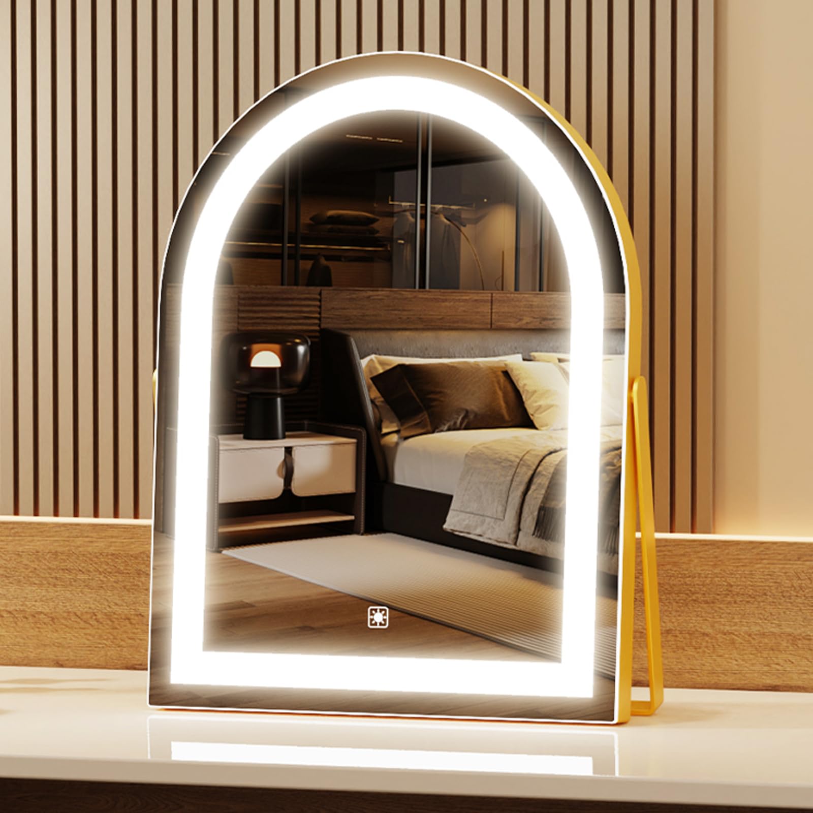 Gvnkvn Elegant LED Vanity Mirror with 3-Color Adjustable Lights, Arched Makeup Mirror 360 Rotating Stand & Touch Control - Perfe