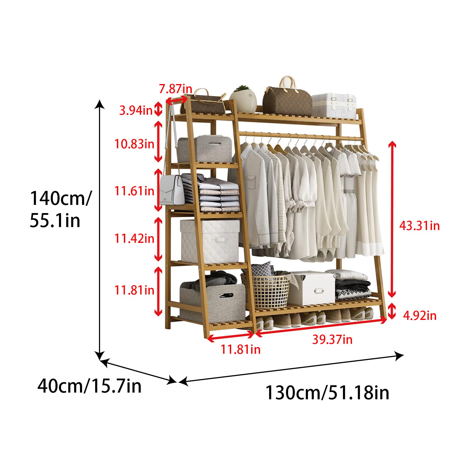 Baveke Bamboo Clothing Garment Rack 7 Tier Storage Shelf Coat Clothes Hanging Rack, Portable Wardrobe Closet Organizer With Top