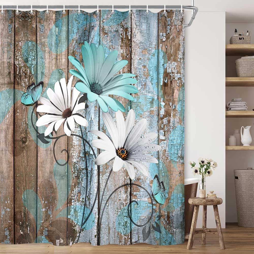 Jawo Farmhouse Flower Floral Shower Curtain, Rustic Teal Turquoise Daisy Shower Curtain Set, Country Blue Wild Garden Plant Fabr