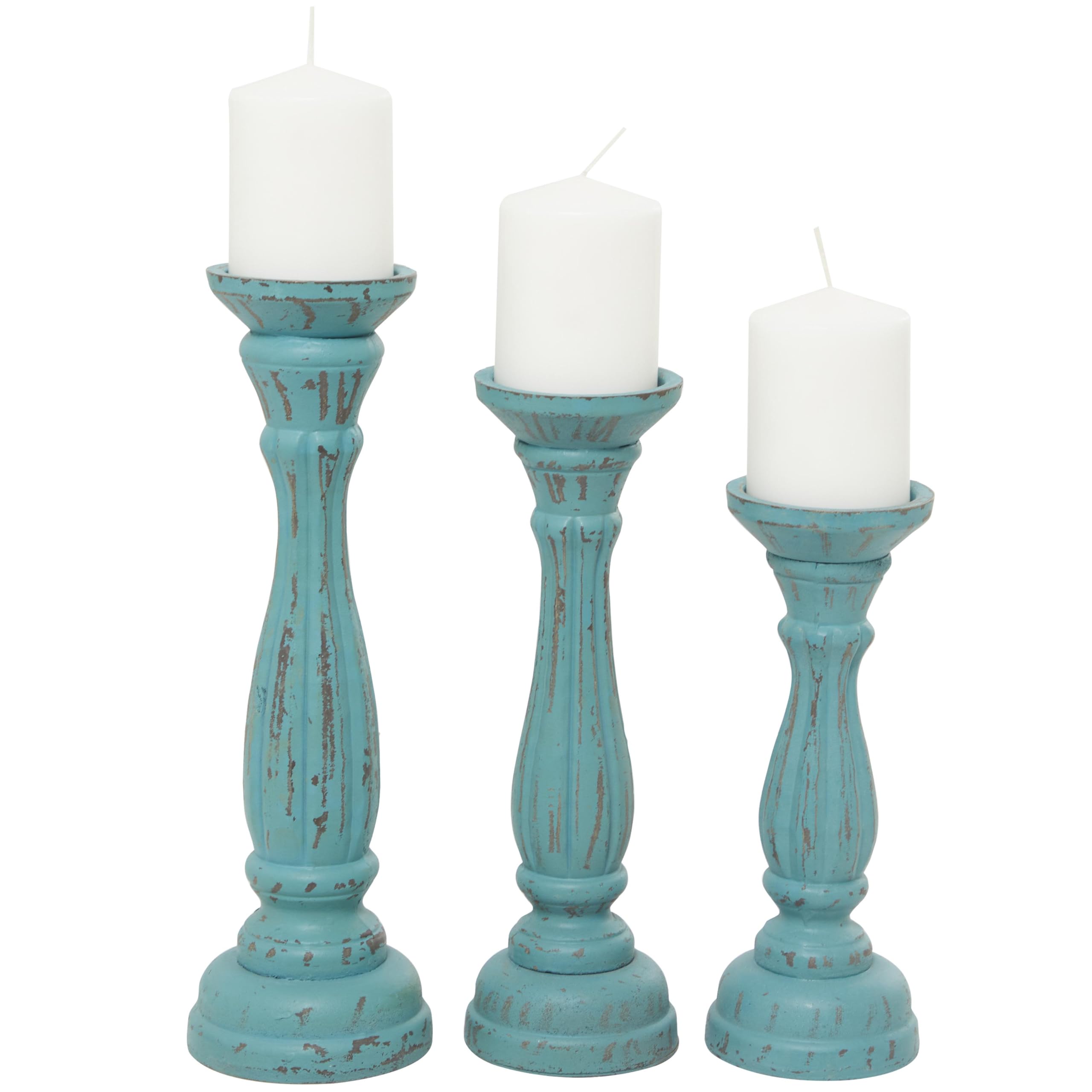 Deco 79 Wooden Decorative Candle Holder Distressed Candle Stand, Set of 3 Candlestick Holder 15, 13, 11H, Blue