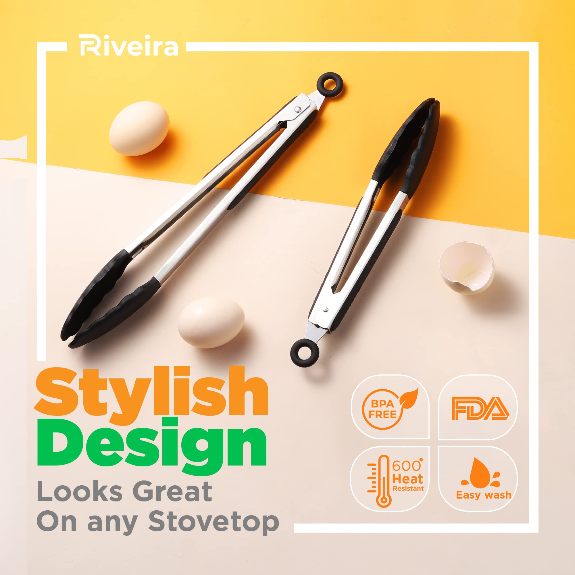 Riveira Tongs For Cooking With Silicone Tips | 9 And 12-Inch Pieces Set | Non-Stick Kitchen Grill Tongs | Bbq Grilling Tong | 55