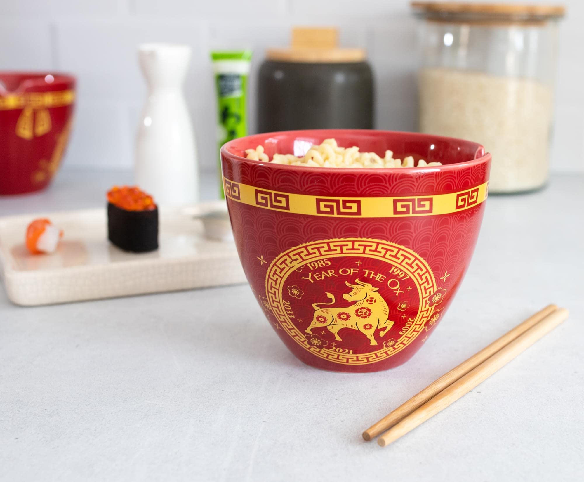 Boom Trendz Year Of The Ox Chinese Zodiac Ceramic Dinnerware Set | Includes 16-Ounce Ramen Noodle Bowl And Wooden Chopsticks Asi
