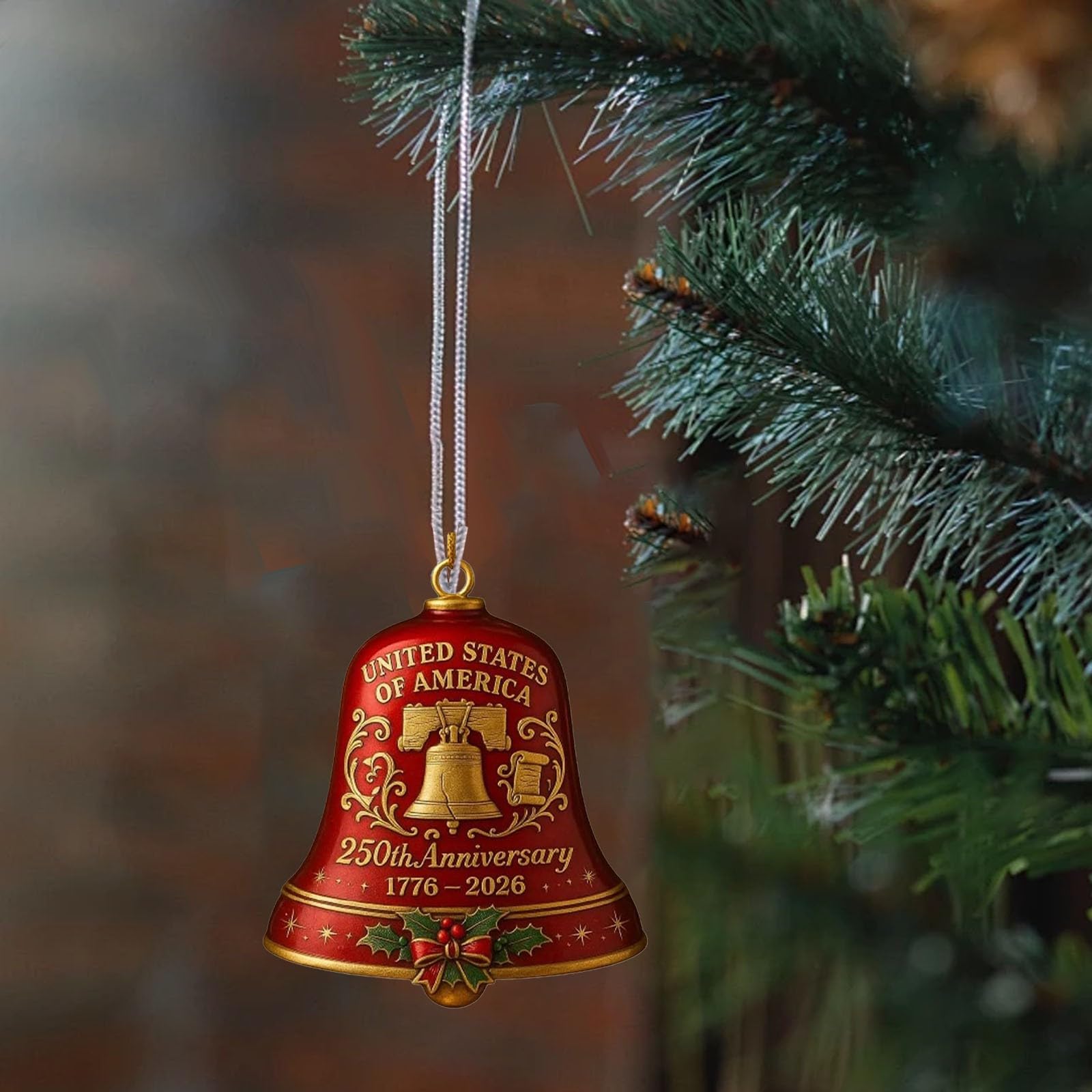 USA 250th Anniversary Bell Ornament Red & Gold Commemorative Hanging Decor, Christmas Ornament for Patriotic Holidays, Xmas Tree