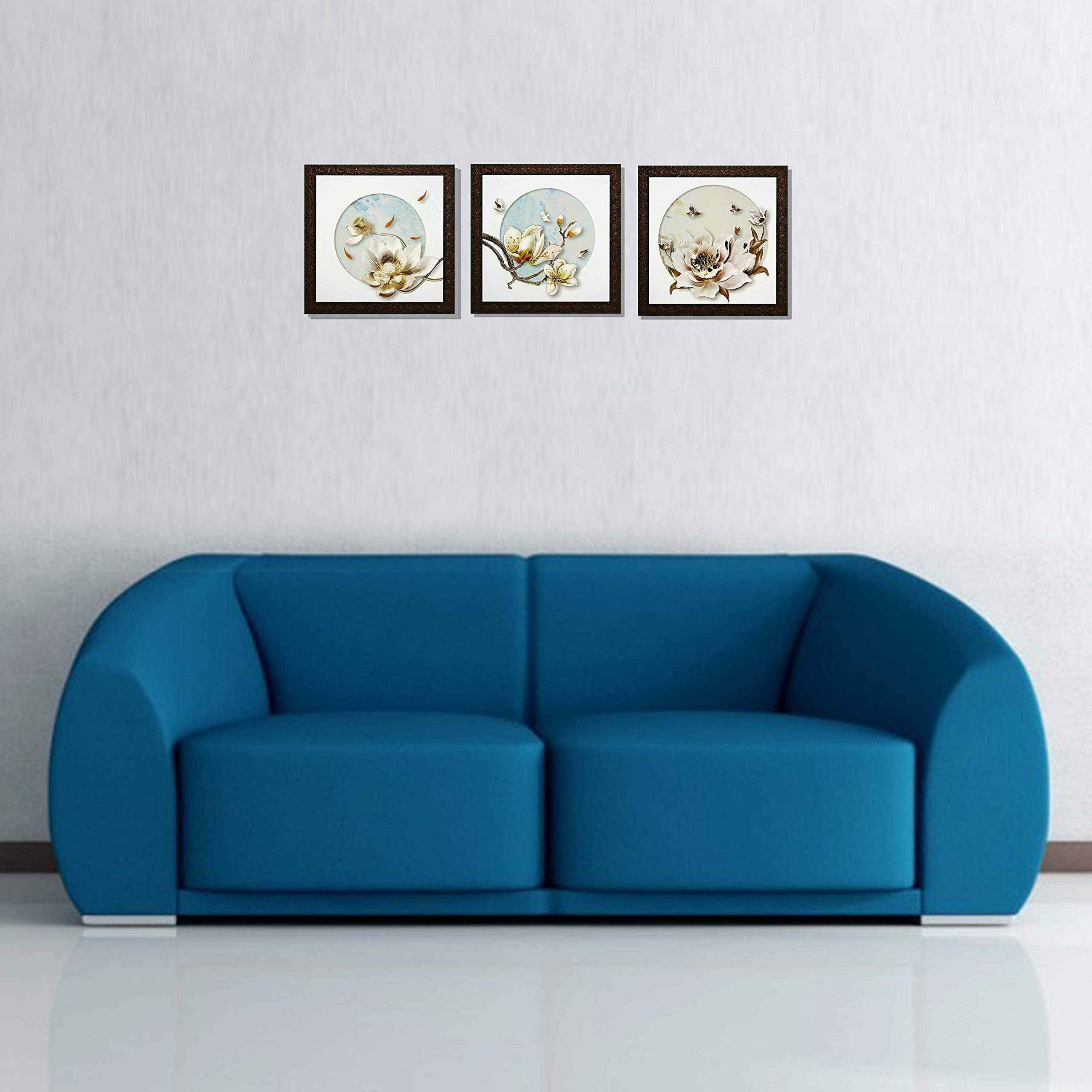 Indianara Set Of 3 White Birds On White Flowers Framed Wall Hanging Laminated Paintings Matt Art Prints 9 Inch X 9 Inch Each Wit