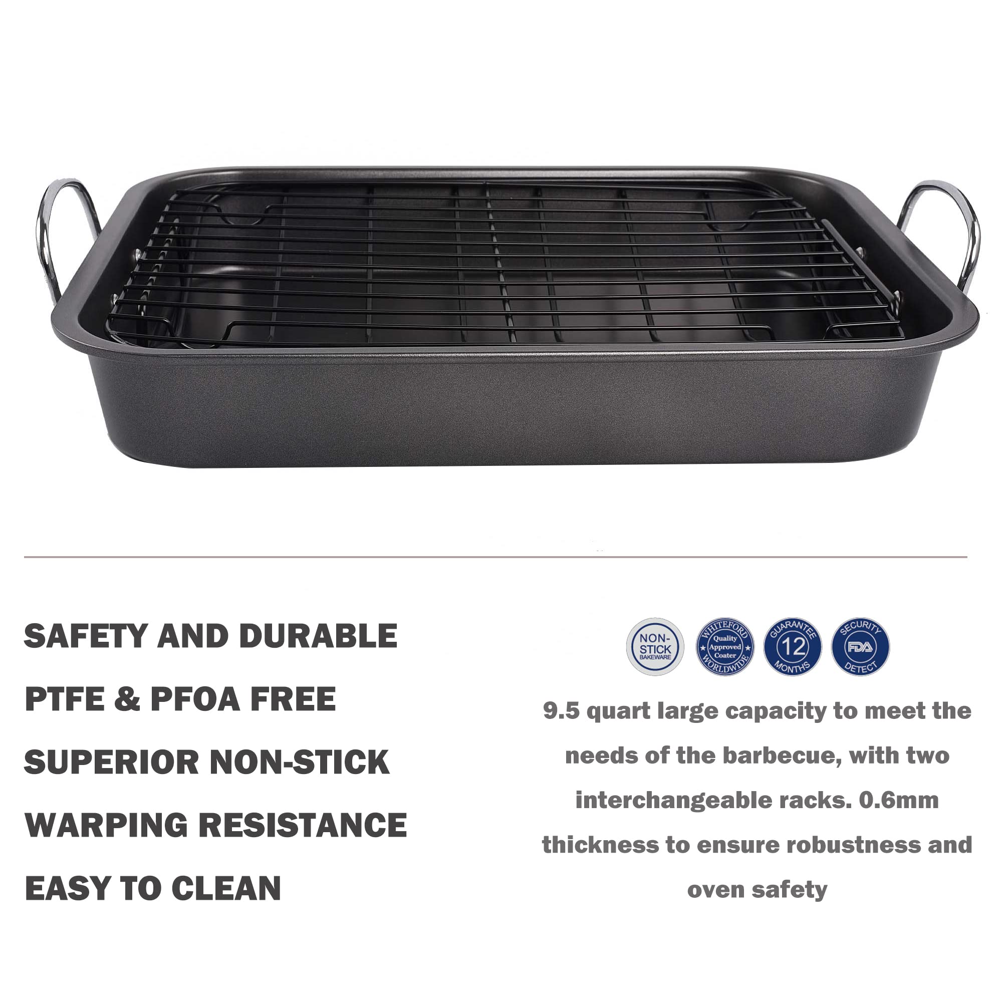 Kitcom Nonstick Roasting Pan, Roaster With Rack - 16 Inch Rectangular Grill Suitable For Turkey, Roast Chicken, Ham, Dishwasher