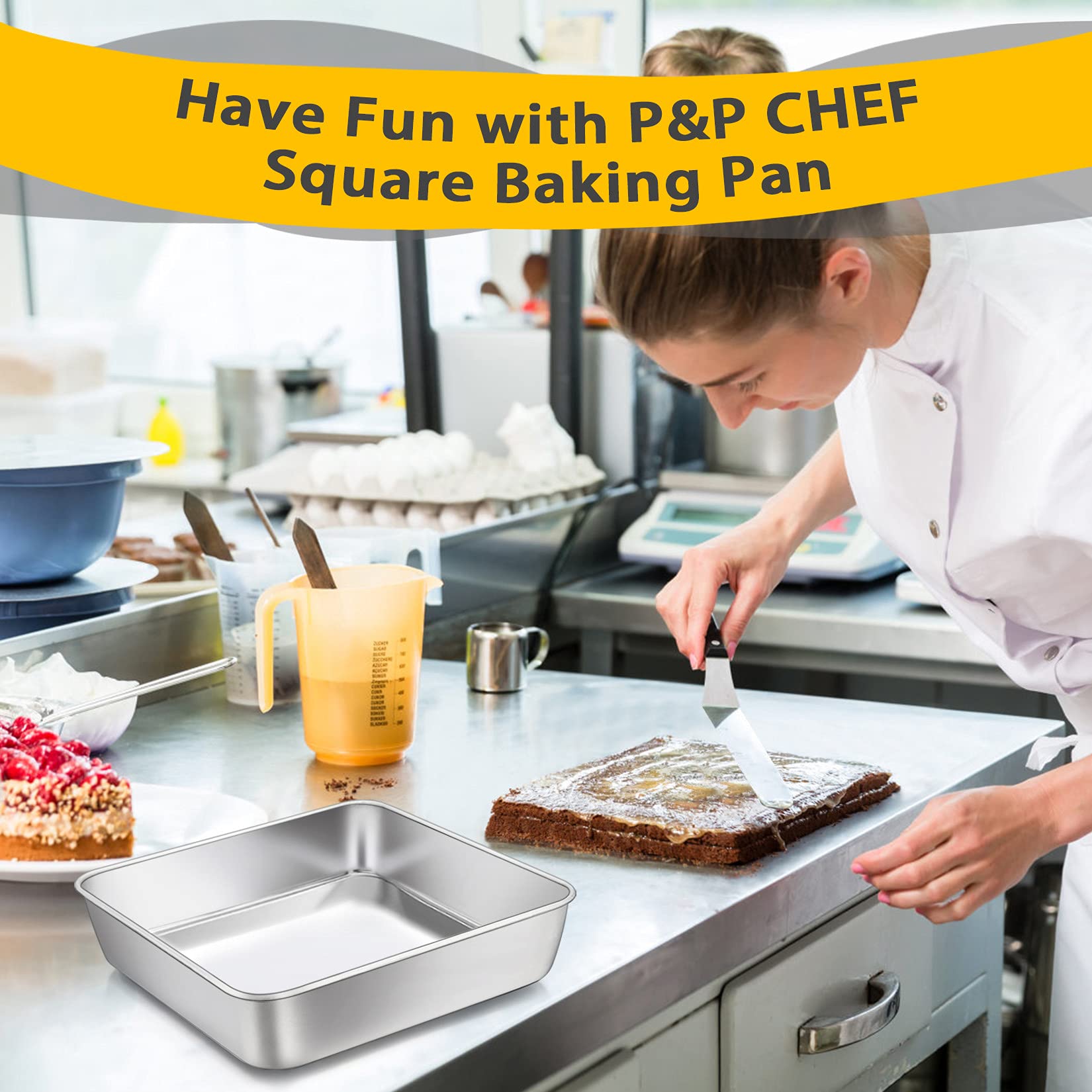 P&P Chef Square Cake Baking Pan (9 Inch), Stainless Steel Square Lasagna Brownie Bakeware Birthday Cake Pan, Leakproof & Heavy D