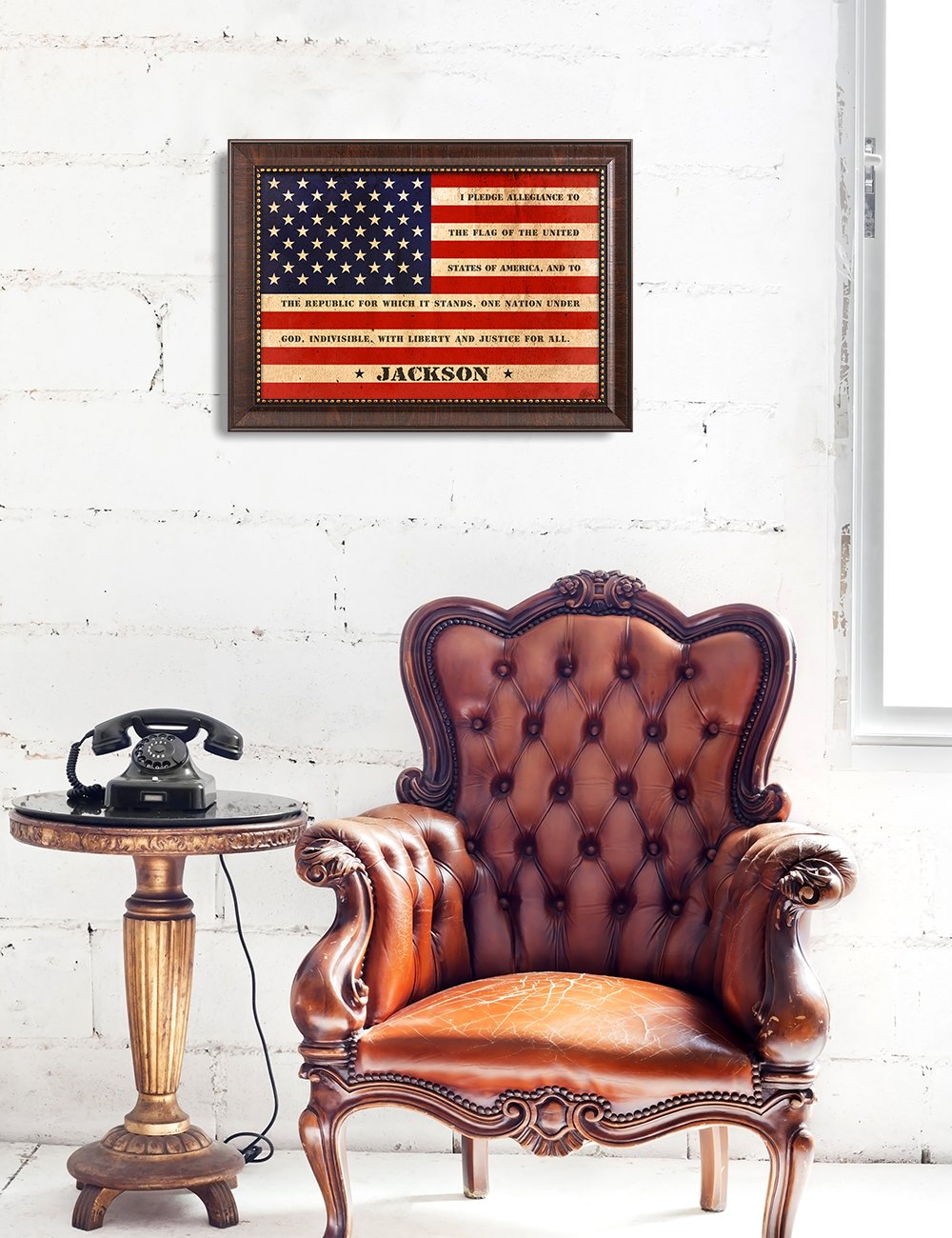 Ipic - American Flag Personalized Framed Artwork, Wall Art With Family Names And Oath. Customized Gift For Military Family, Vete
