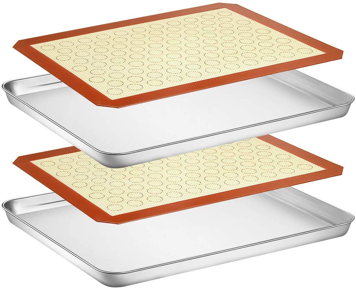 Wildone Baking Sheet With Silicone Mat Set, Set Of 4 (2 Sheets + 2 Mats), Wildone Stainless Steel Cookie Sheet Baking Pan With S