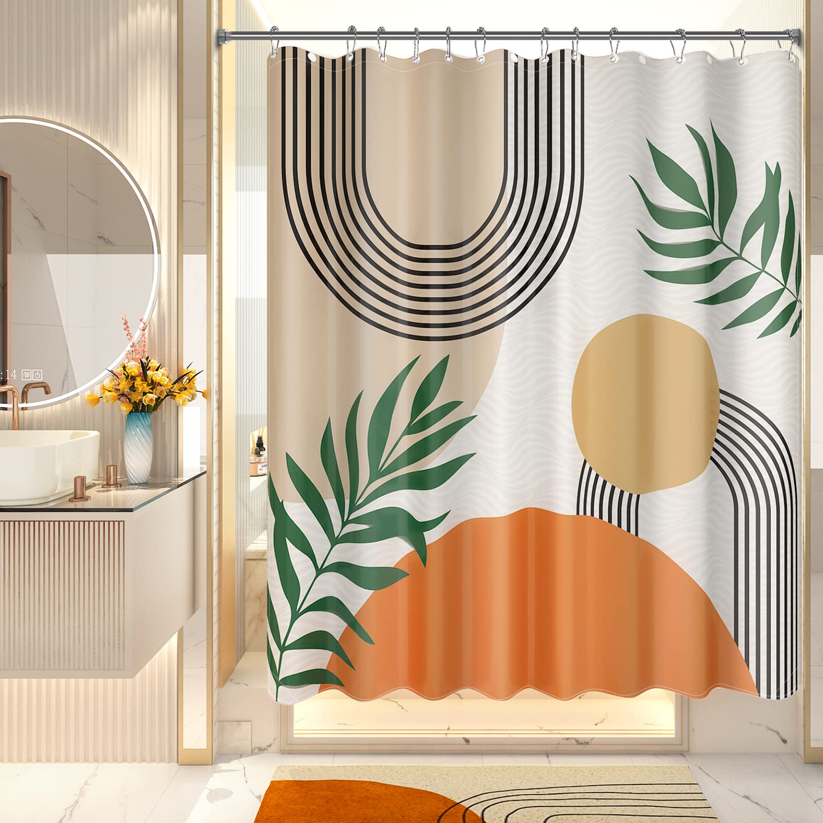 Amazerbath Fall Shower Curtain Sets, Orange Abstract Cloth Shower Curtain With 12 Shower Curtain Hooks, Luxury Hotel Quality Was