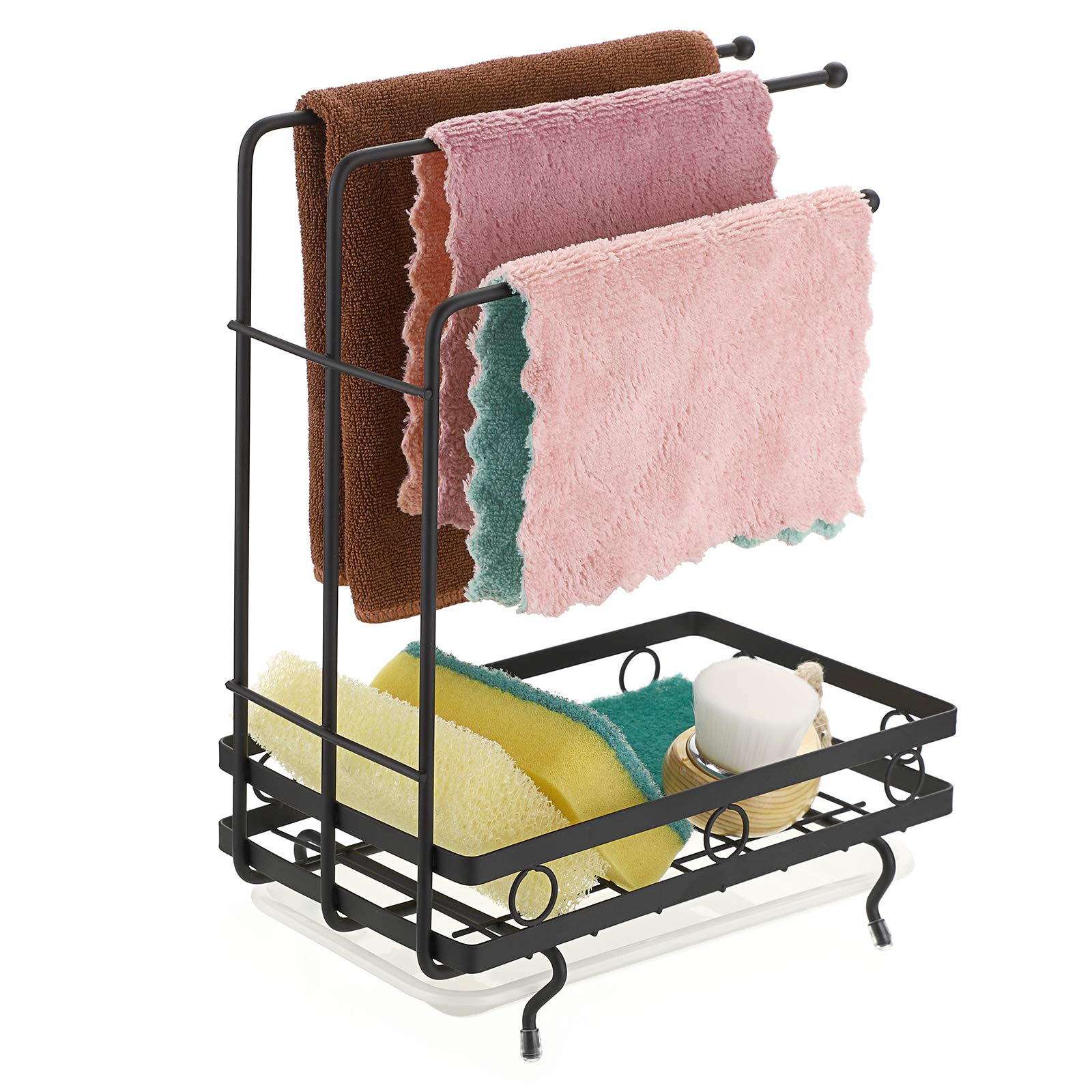 Juxyes Kitchen Sink Caddy Sponge Holder With Dishcloth Drying Rack, Kitchen Rag Stand Sponge Brush Soap Dish Dishcloth Rack Sink