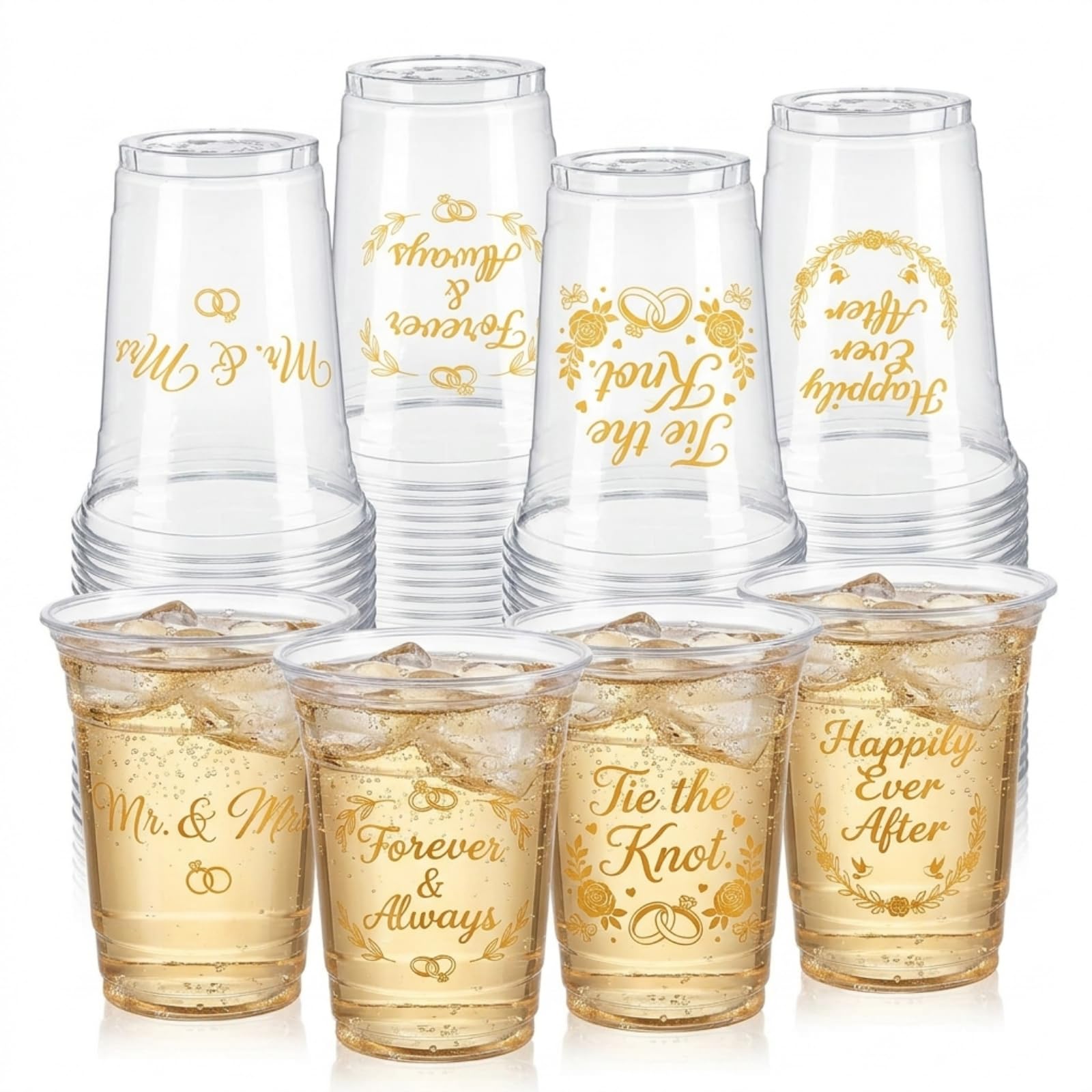 SiliFine 100 Pcs Wedding Plastic Cups 12 oz Disposable Mr & Mrs Tie the Knot Happily Ever After Theme Clear Plastic Drinking Cup