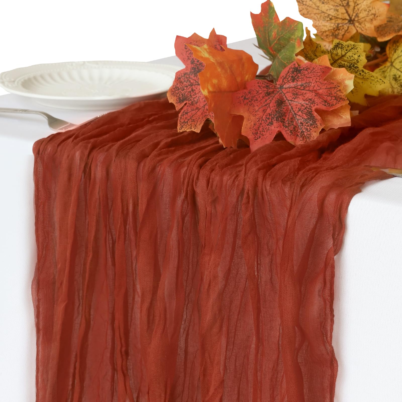 Fall Table Runner, 10FT Thanksgiving Cheesecloth Table Runner 35*120inch Terracotta Table Runners for Fall Wedding Baby Shower F