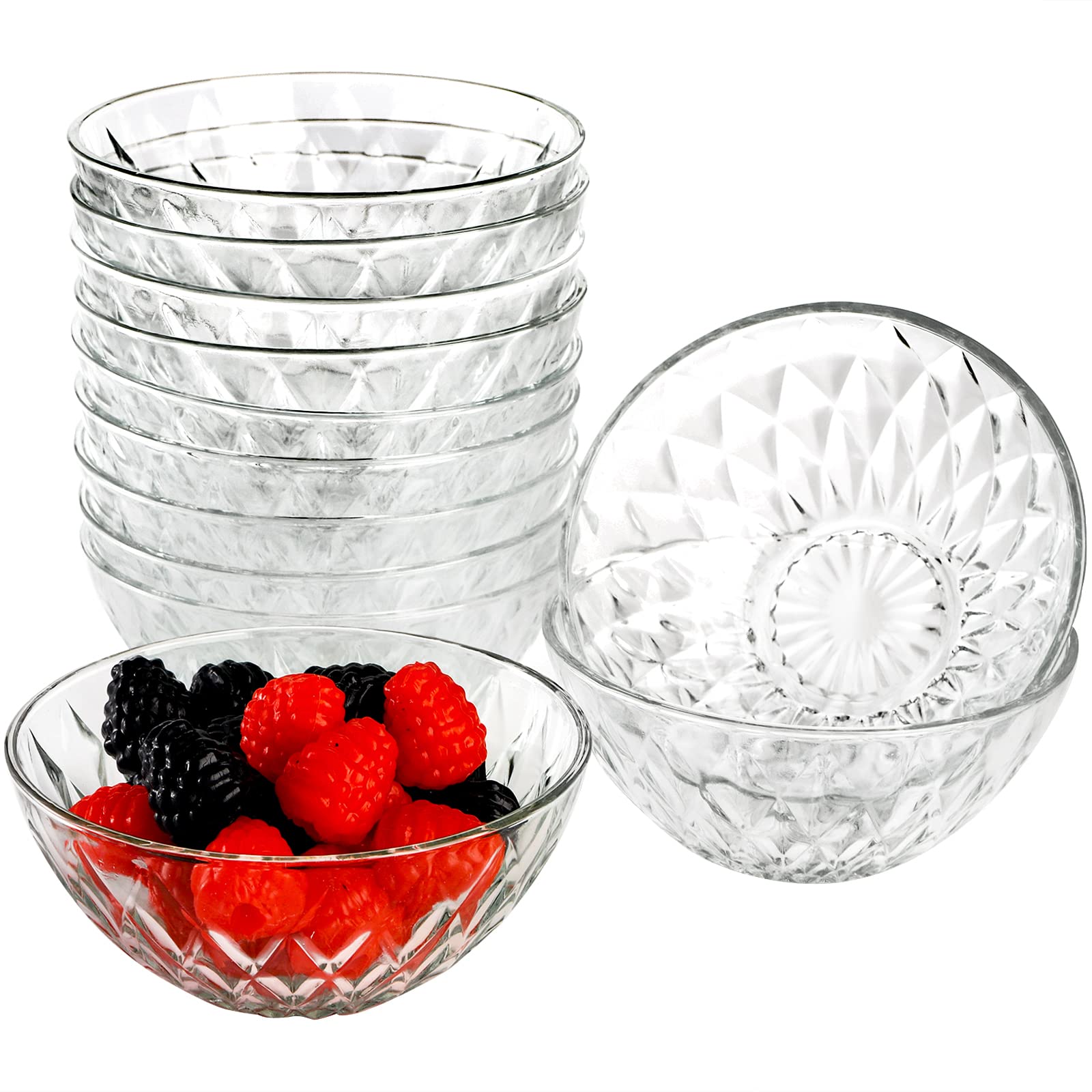 Jucoan 12 Pack 10 Oz Mini Glass Bowls, 5 Inch Diamond Cut Glass Prep Bowls, Stackable Glass Salad Bowls For Fruit, Cereal, Candy