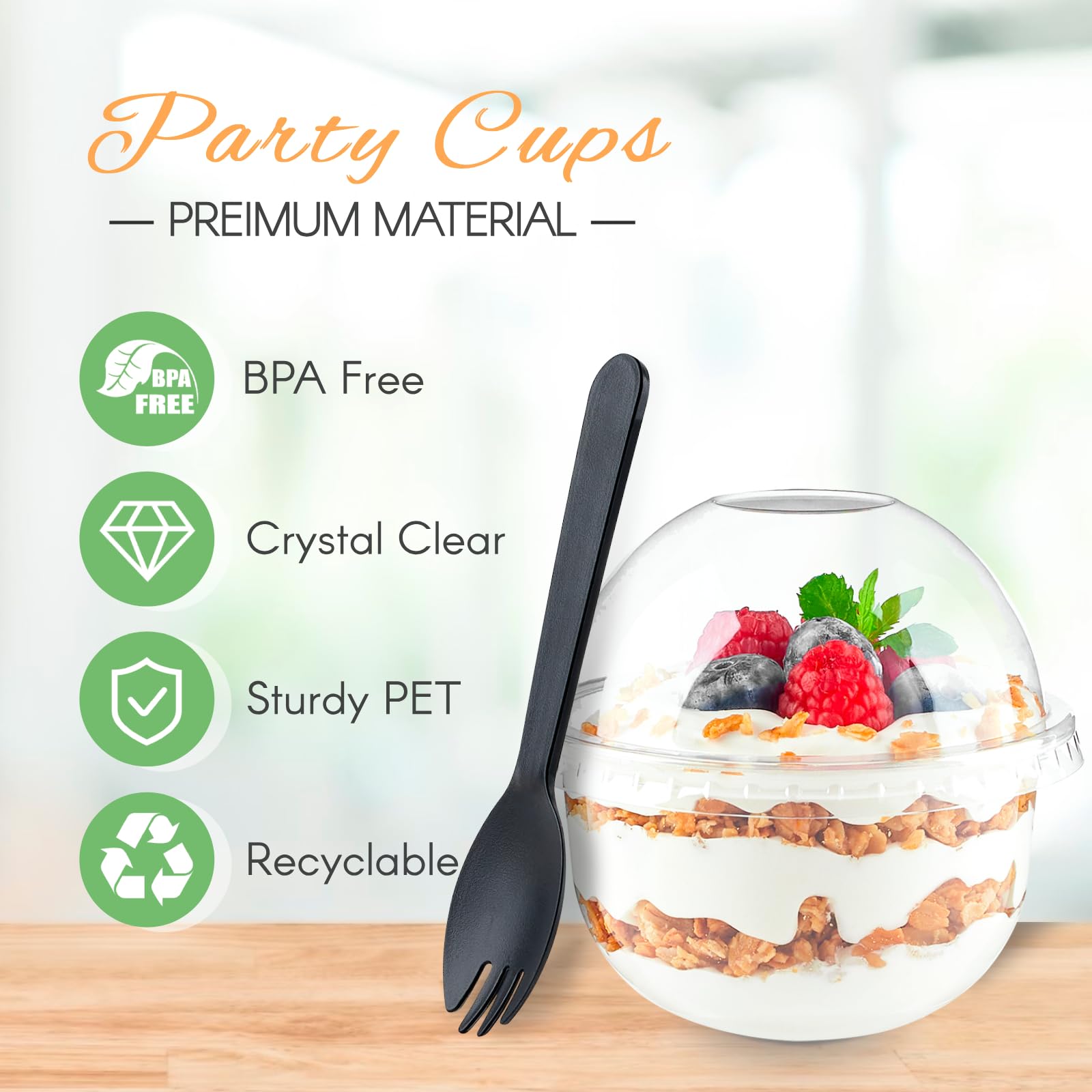 Zezzxu 50 Pack 9 Oz Plastic Dessert Cups With Dome Lids (No Hole) And Sporks, Disposable Snack Cups For Fruits, Ice Creams, Cake