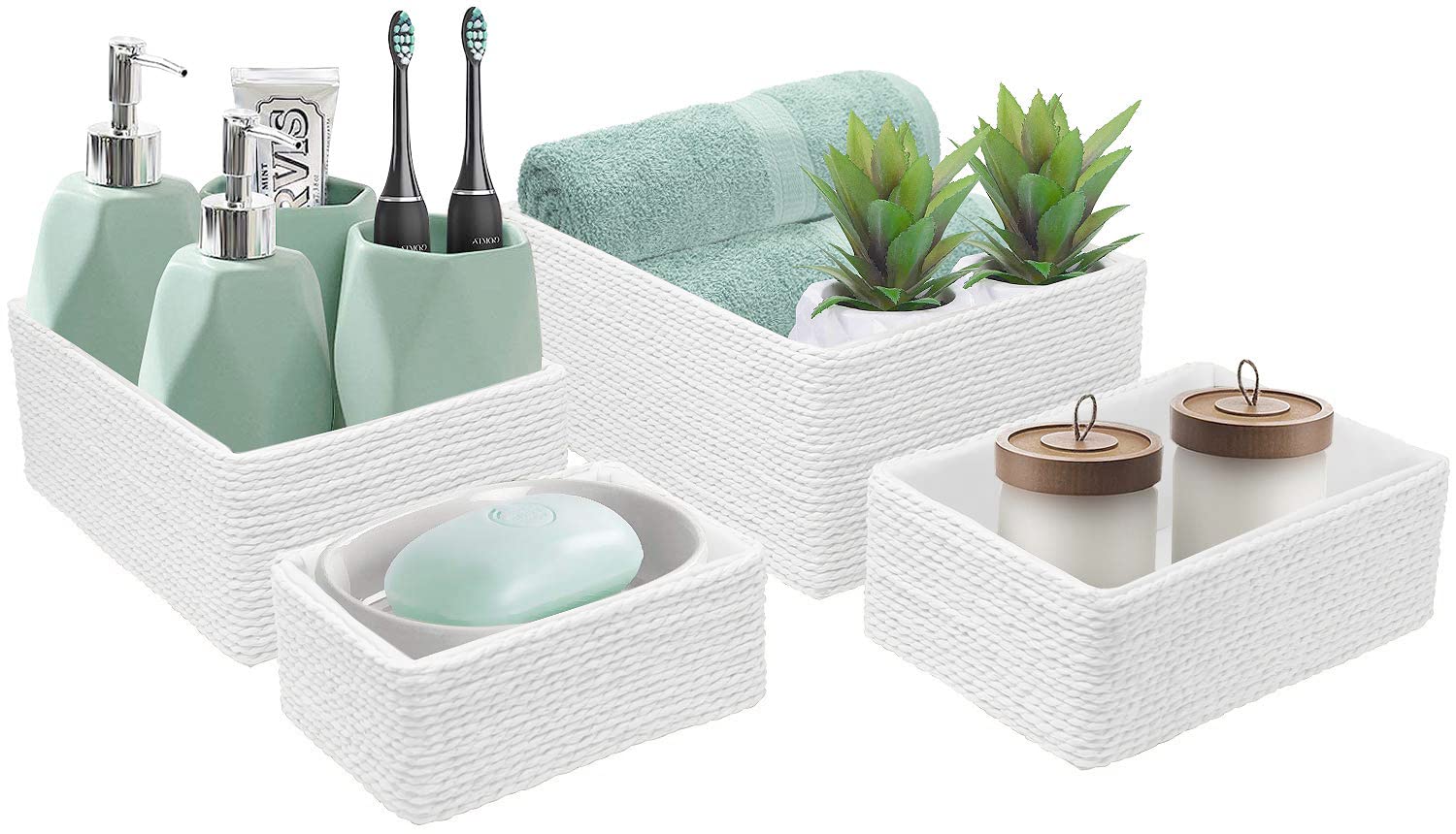 Sorbus Storage Baskets 4-Piece Set - Stackable Woven Basket Paper Rope Bin Boxes For Makeup, Office Supplies, Bedroom, Closet (W