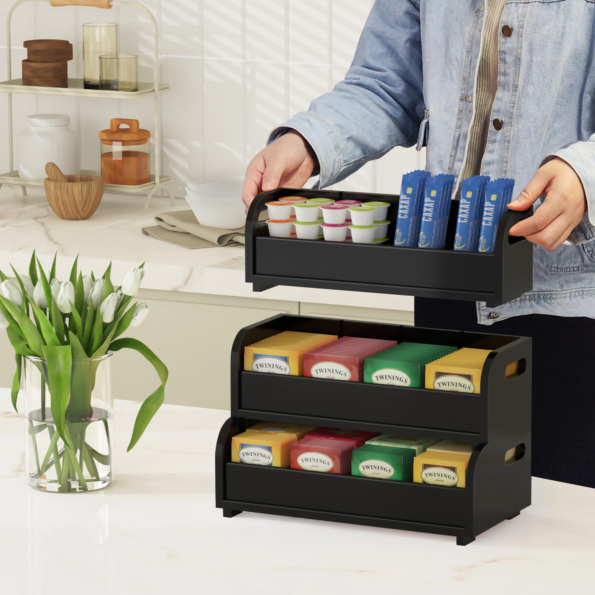 Tea Holder For Tea Bags Organizer - Black Bamboo Tea Organizer For Tea Bags 3-Tier Stackable Wall Mount Large Capacity Tea Stora