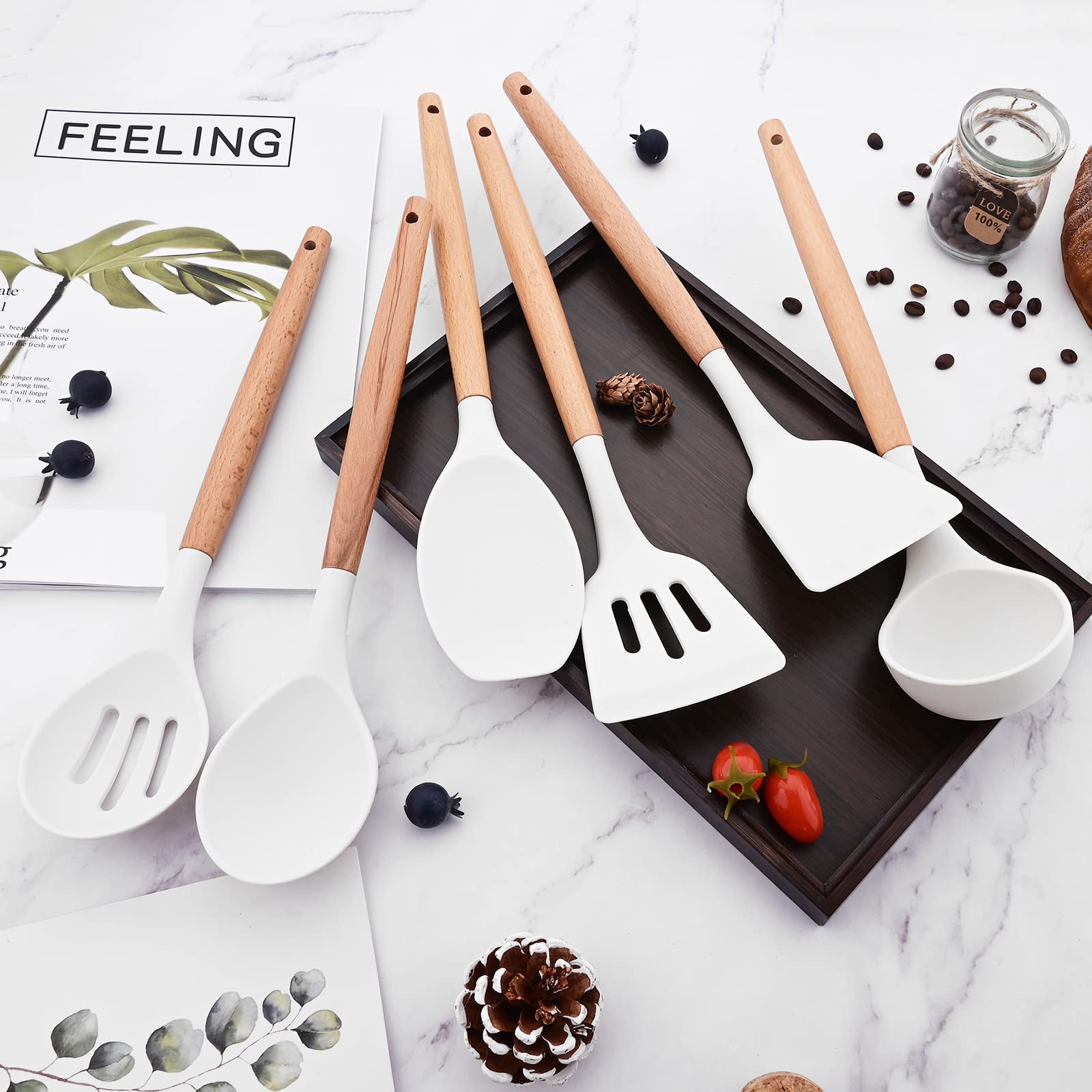 Briiec 12Pcs Wooden Handle Silicone Kitchen Utensils Set, Non-Stick Silicone Cooking Utensils, White Spatula Set, Turner Spoon,