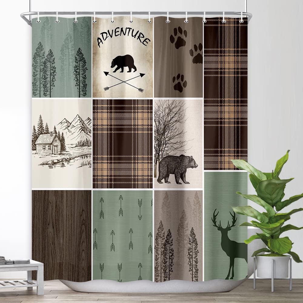 Bzwcbei Cabin Retro Rustic Lodge Shower Curtain, Bear Deer Country Hunting Wild Animal Fabric Shower Curtains, Plaid Check Adven