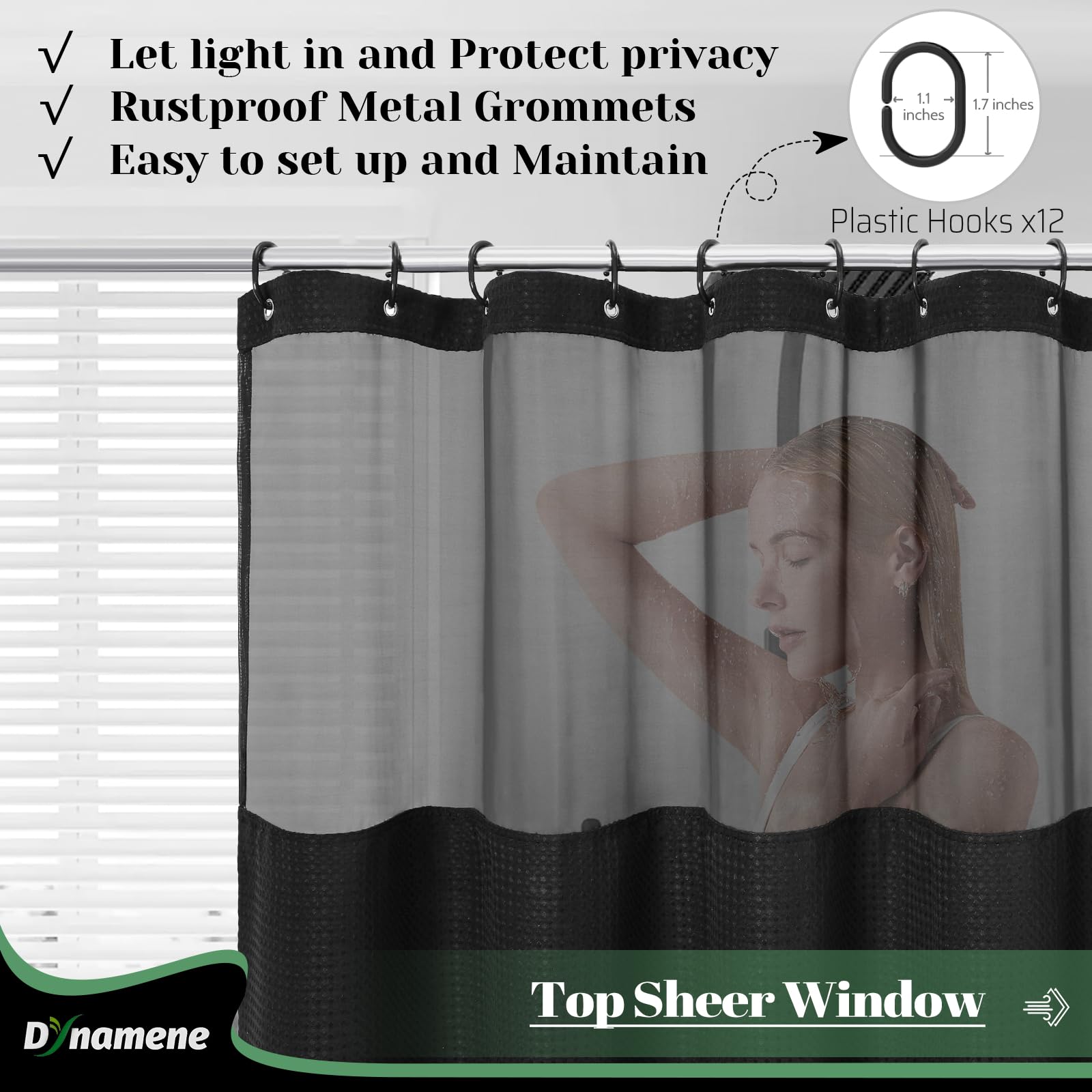 Dynamene Fabric Shower Curtain With Snap In Liner, Black Waffle Hotel Shower Curtains For Bathroom, Washable Waterproof Cloth Sh