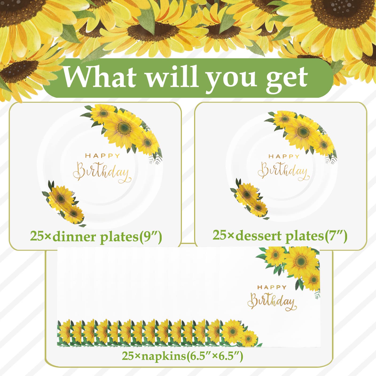 Gudvilla Sunflower Birthday Decorations for Women, Happy Birthday Plates and Napkins for Women Girl, Sunflower Party Decorations