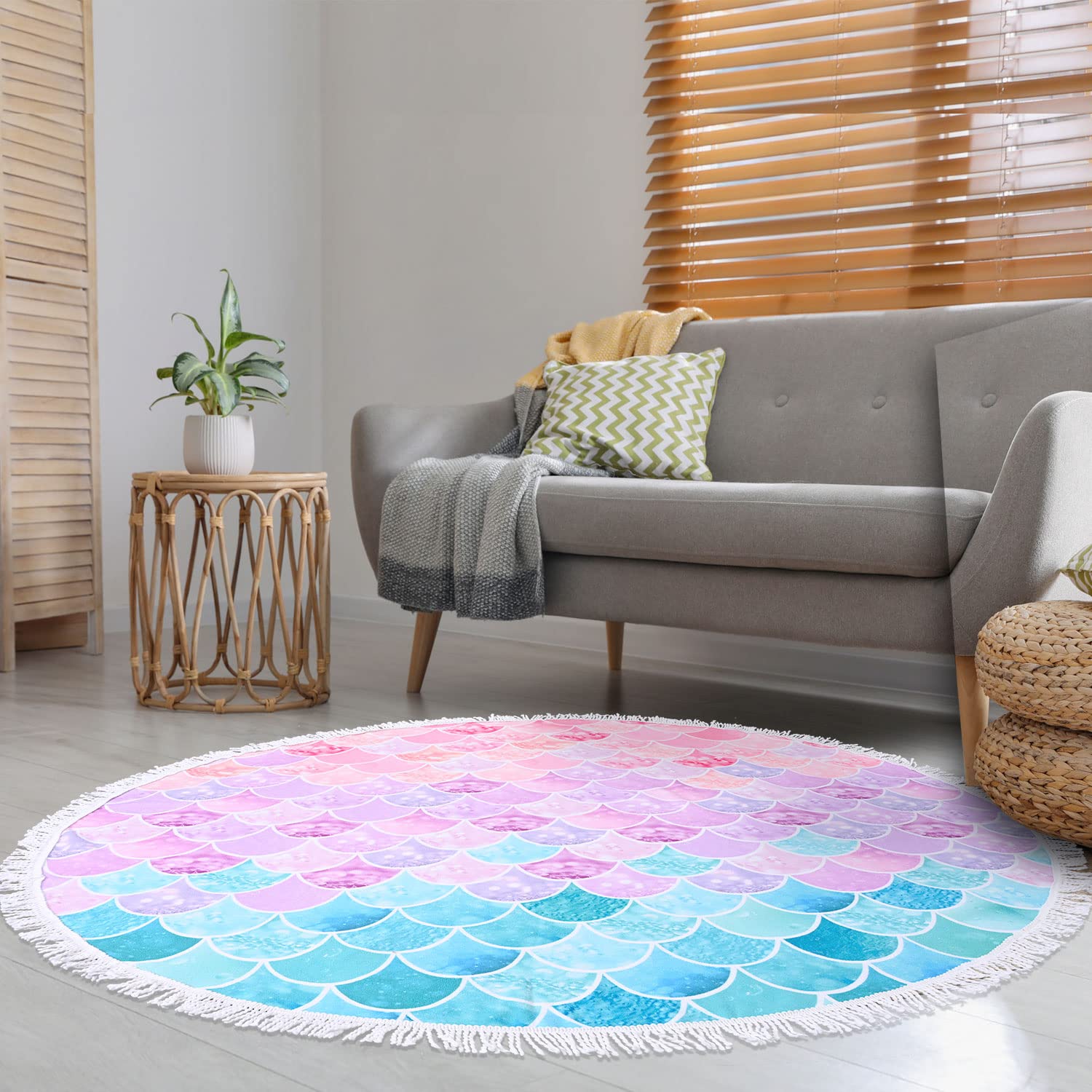 Oversized Round Little Mermaid Beach Towel For Girls Women, Lightweight Microfiber Picnic Pool Swimming Bath Towel With Fringe,