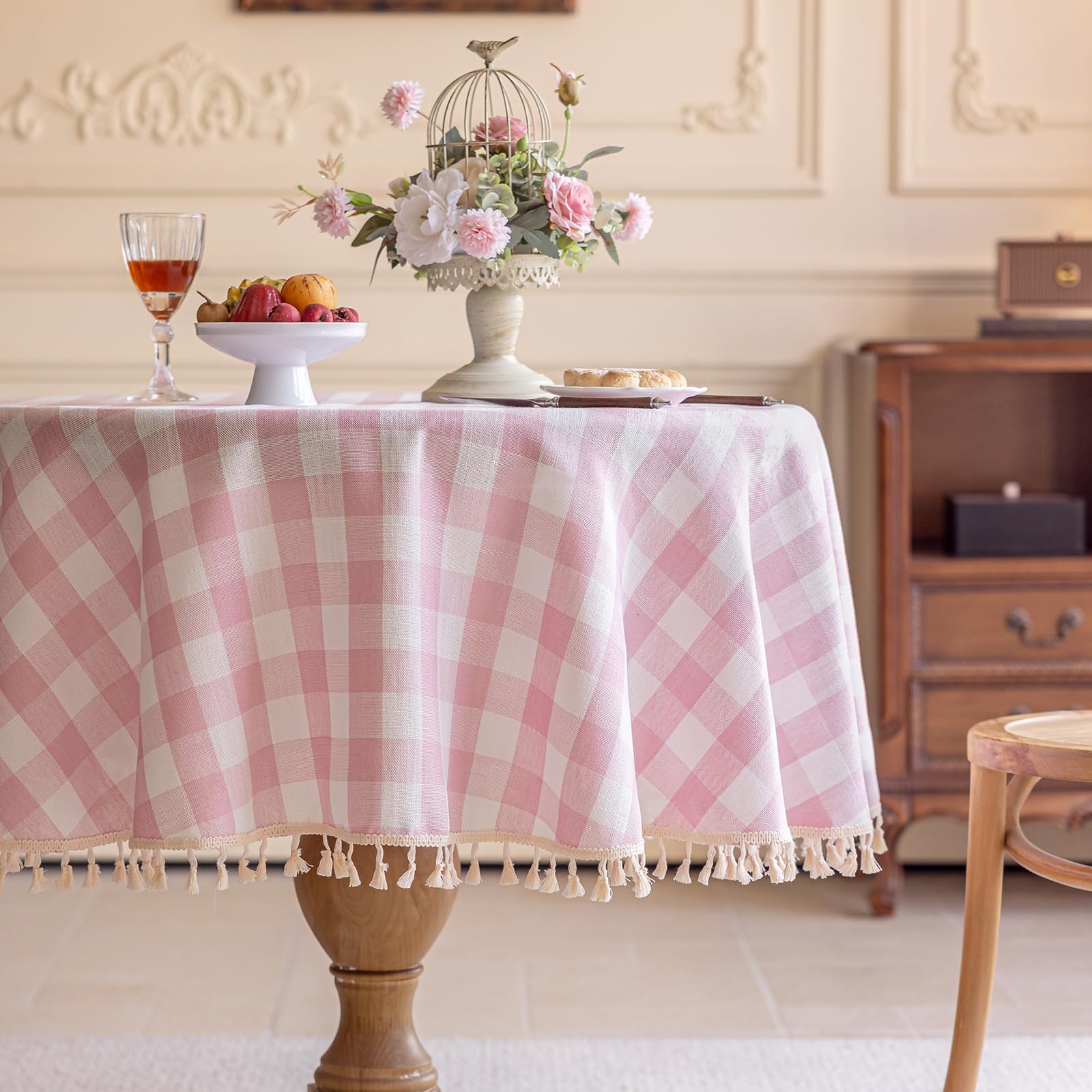Alsoo Pink Gingham Tablecloth Round 60 inch, Summer Washable Checkered Plaid Table Cloth Cotton Linen Fabric for Mothers Valenti