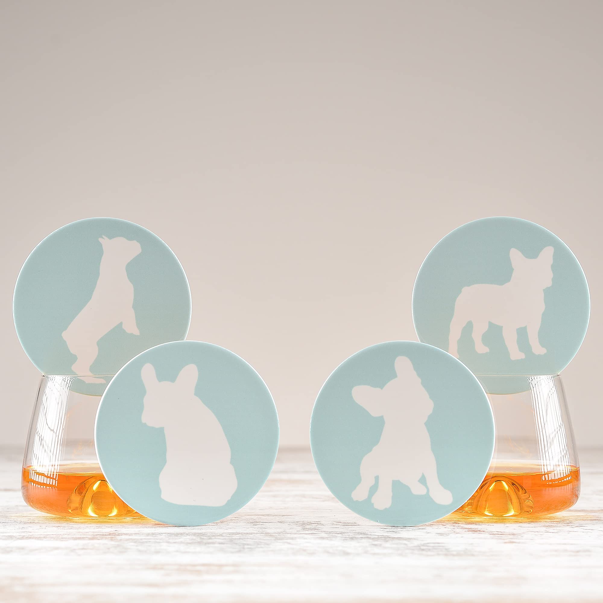 Greenline Goods French Bulldog Lovers Ceramic Drink Coasters - Set of 4 Frenchie Dog Coasters with Protective Cork Bottom and Metal Stand - French Bulldog Decor for French Bulldog Moms & Dads