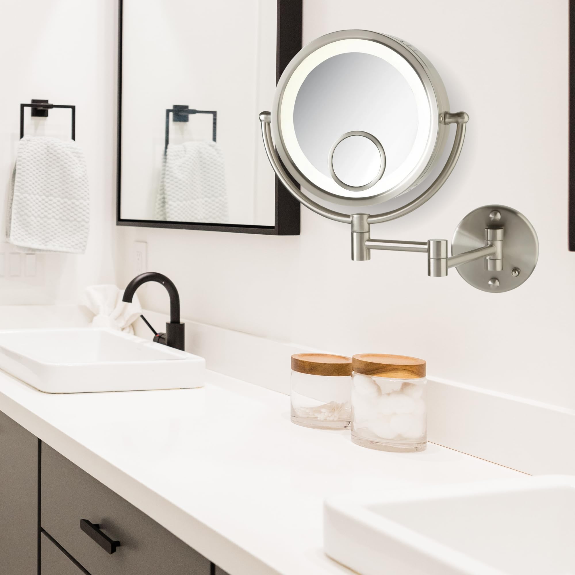 Jerdon Hl8515N Lighted Wall Mount Makeup Mirror With 7X And 15X Magnification, Nickel Finish, 8.5''