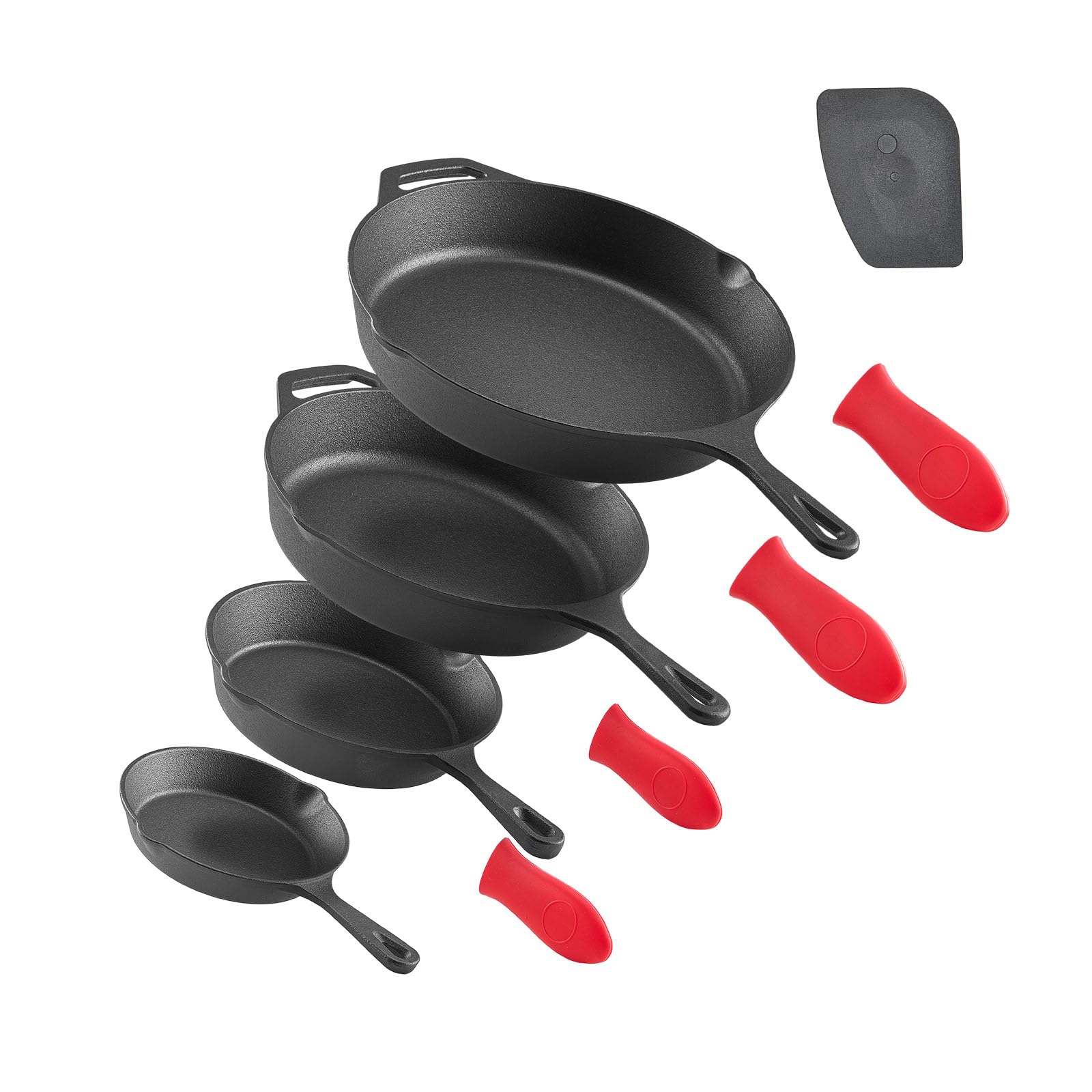 VEVOR Cast Iron Skillet, 4-Piece Frying Pan Set (6, 8, 10, 12 in), Skillets with Heat-Resistant Silicone Handle, Pre-Seasoned Ch