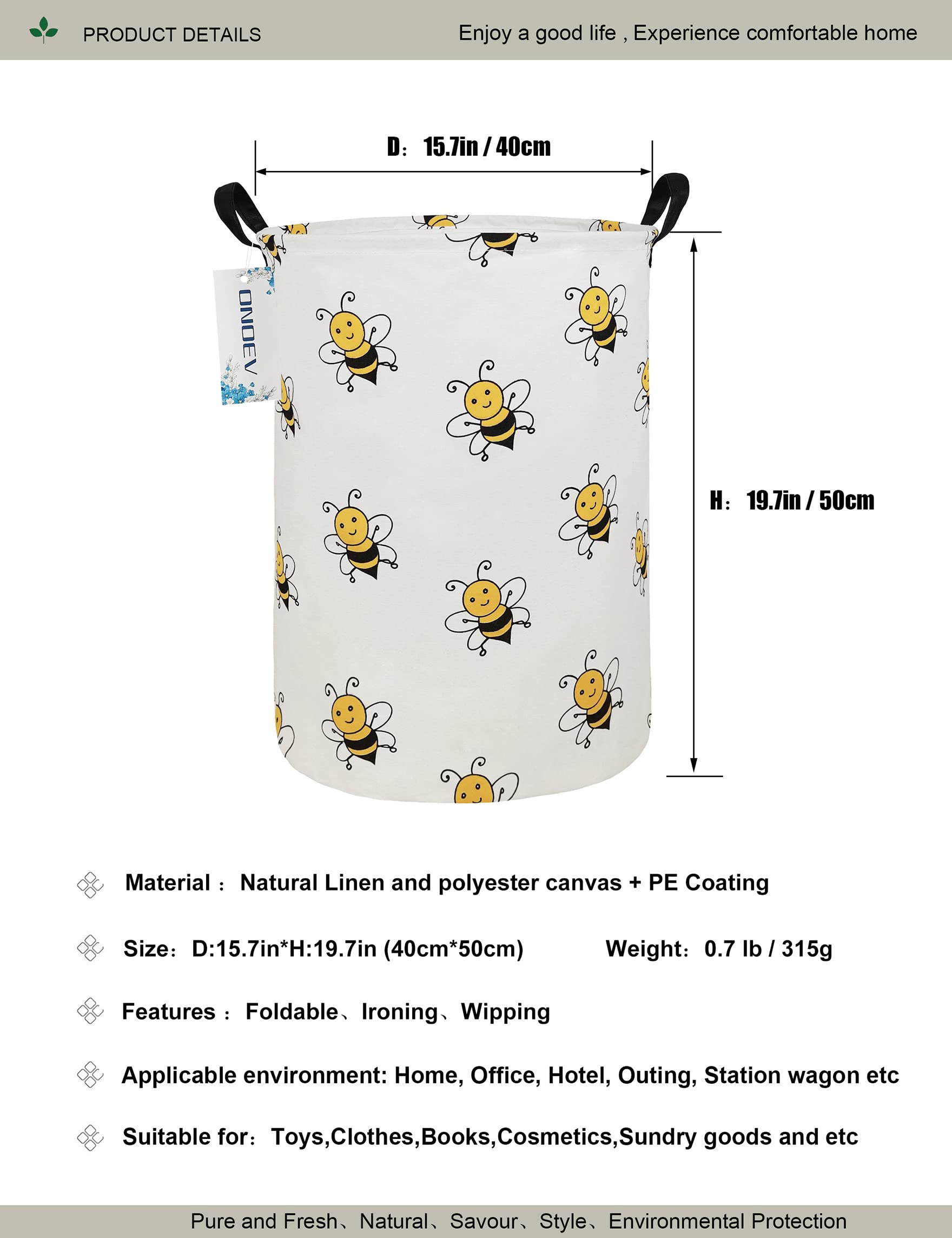 ONOEV Round Folding Laundry Hamper  Canvas Basket Nersury Hamper Suitable for Children Office Bedroom Clothes Toys Storage(Bee)