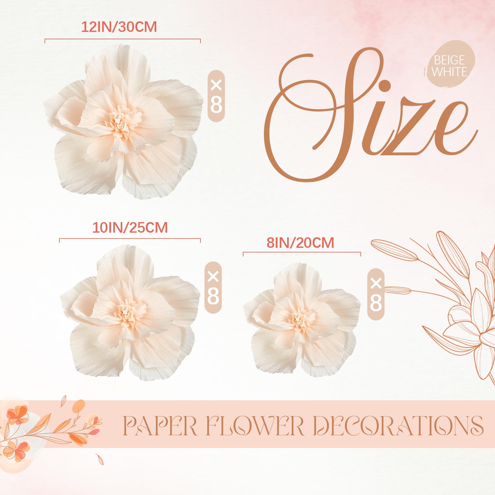 Cholemy 24 Pcs Tissue Paper Flowers, Crepe Paper Flowers Decorations For Wedding Party Baby Bridal Shower Nursery Wall Decor (Be