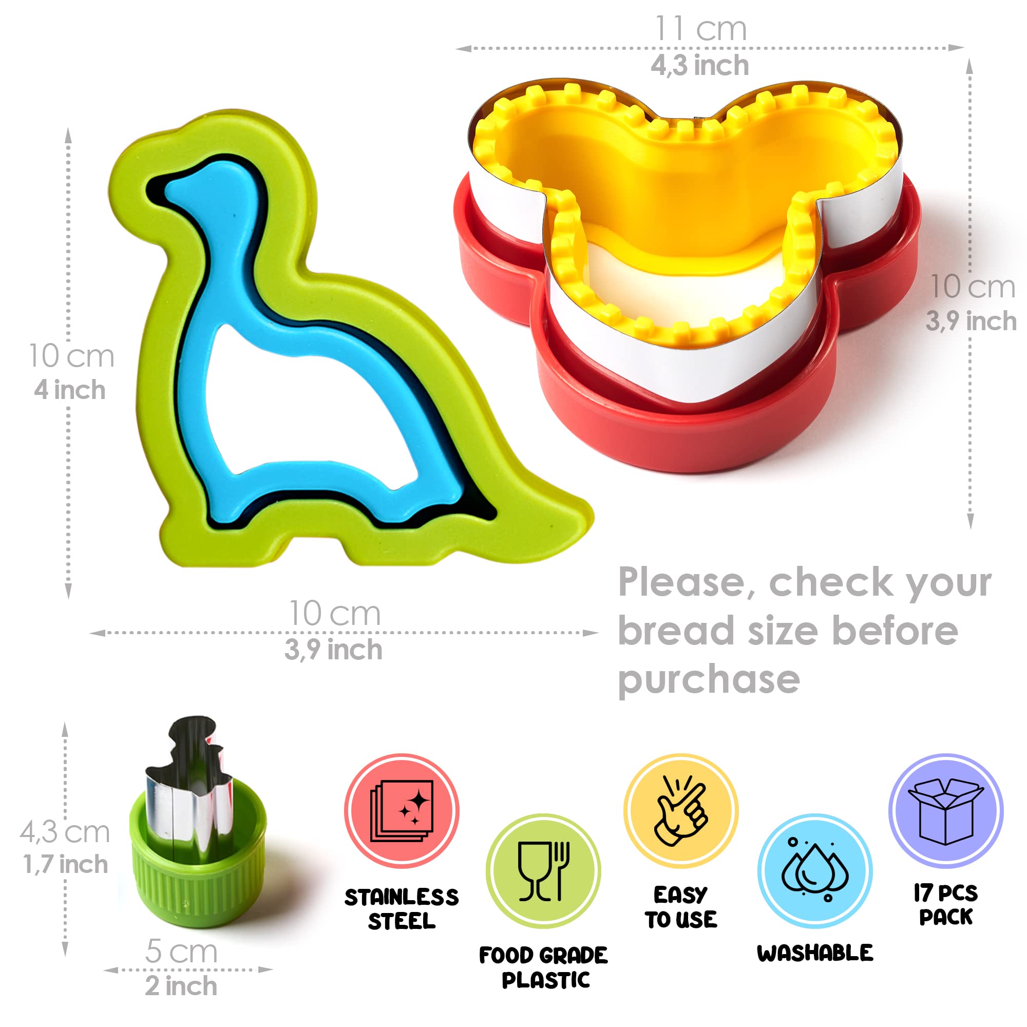 Get Fresh Sandwich Cutters And Sealers For Children - 17-Pcs Stainless Steel Sandwich Sealers And Veggie Cutters For Kids - Dino