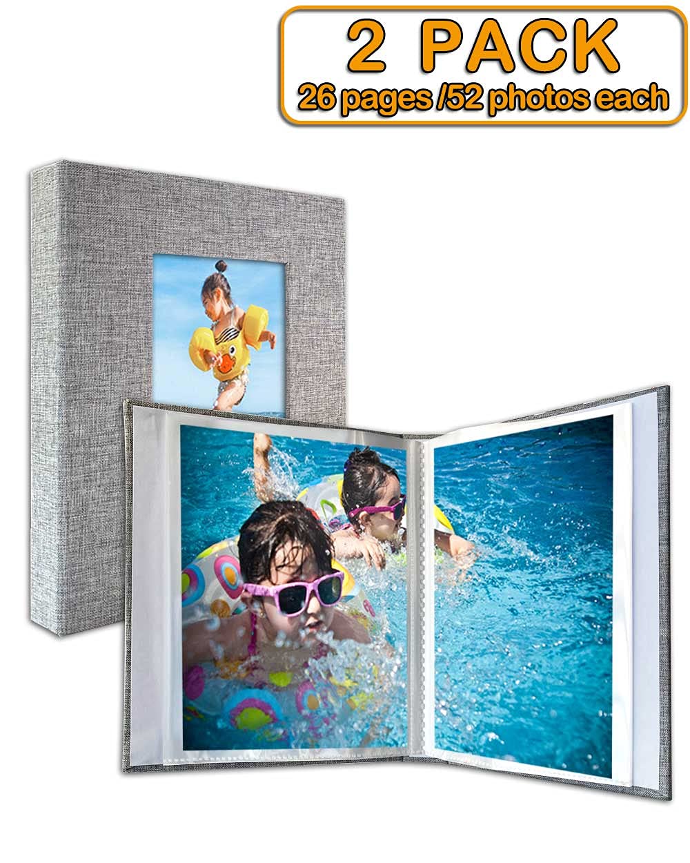 Small Photo Album 5x7 - 2 Pack  Each 26 Clear Pages Hold 52 Pictures. 5x7 Photo Album for 5x7 Photos  Artwork  Drawings  Linen Cover with Front Window  Grey Fabric