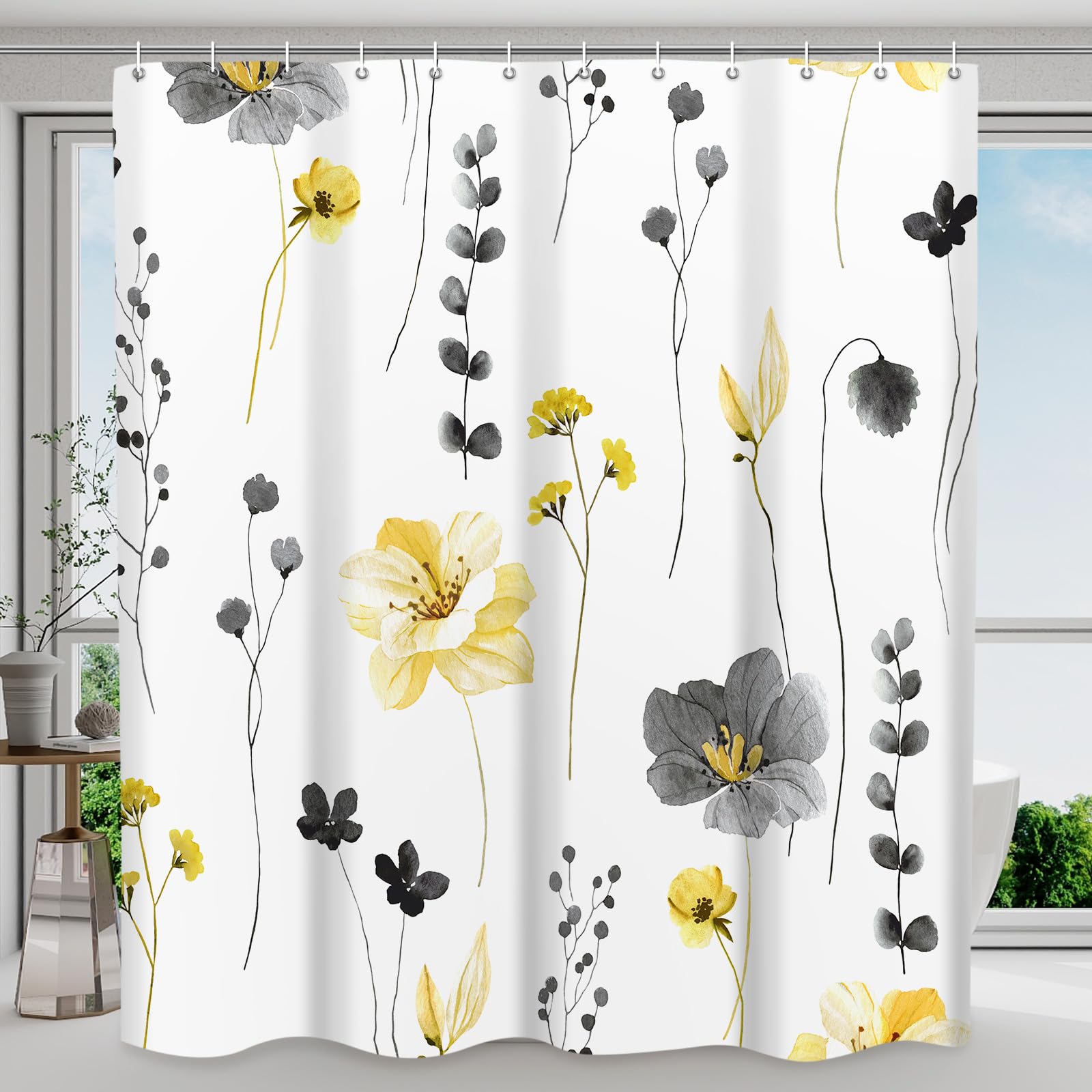 Withloc Shower Curtain Watercolor Flower Shower Curtain Sets - Spring Yellow Floral Plant Shower Curtains For Bathroom, Washable