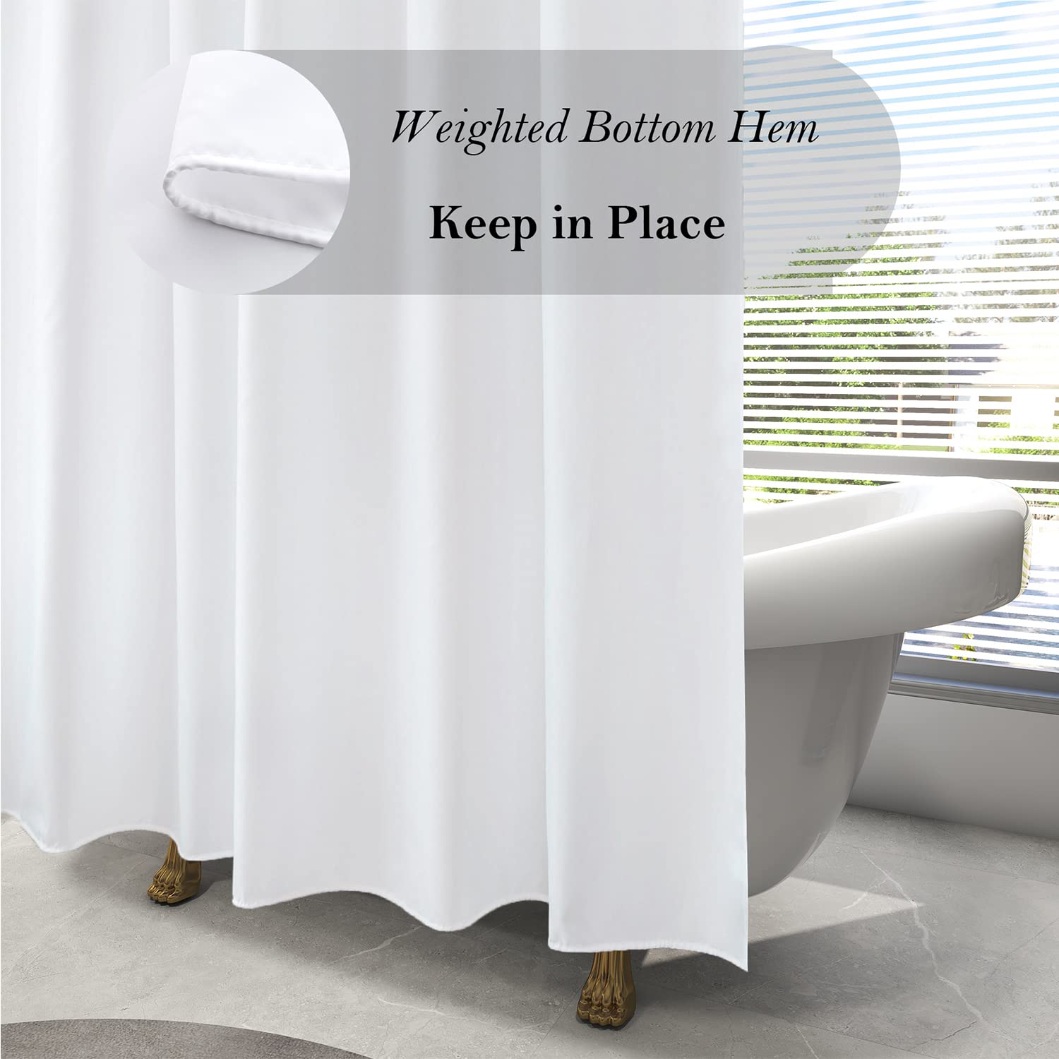 Aoohome Fabric 96 Inch Extra Long Shower Curtain Liner, Durable Bathroom Curtain For Hotel With Hooks, Waterproof, Solid White,