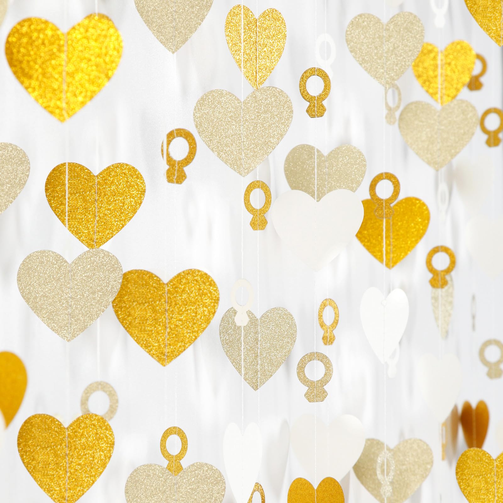 Engagement Bachelorette Party-Decorations White-Gold Garland - 52Ft Heart Ring Wedding Paper Streamers Banner,Valentines Day Gal
